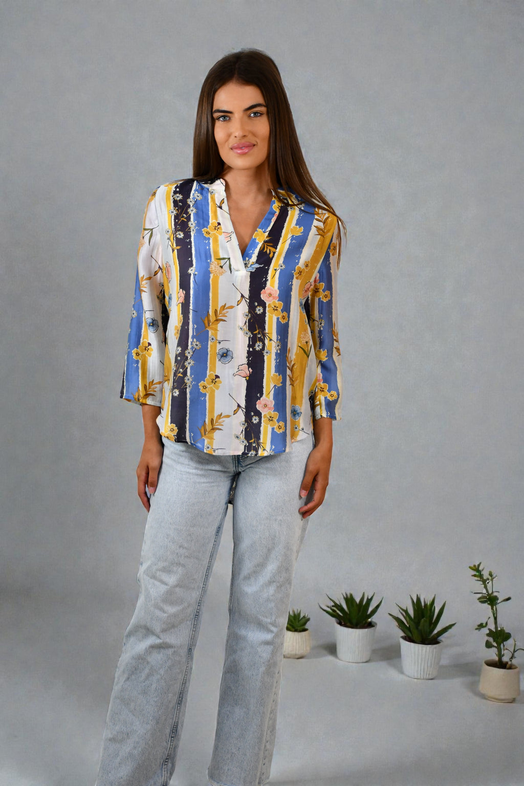 Floral Stripe 3/4 Sleeves  Blouse