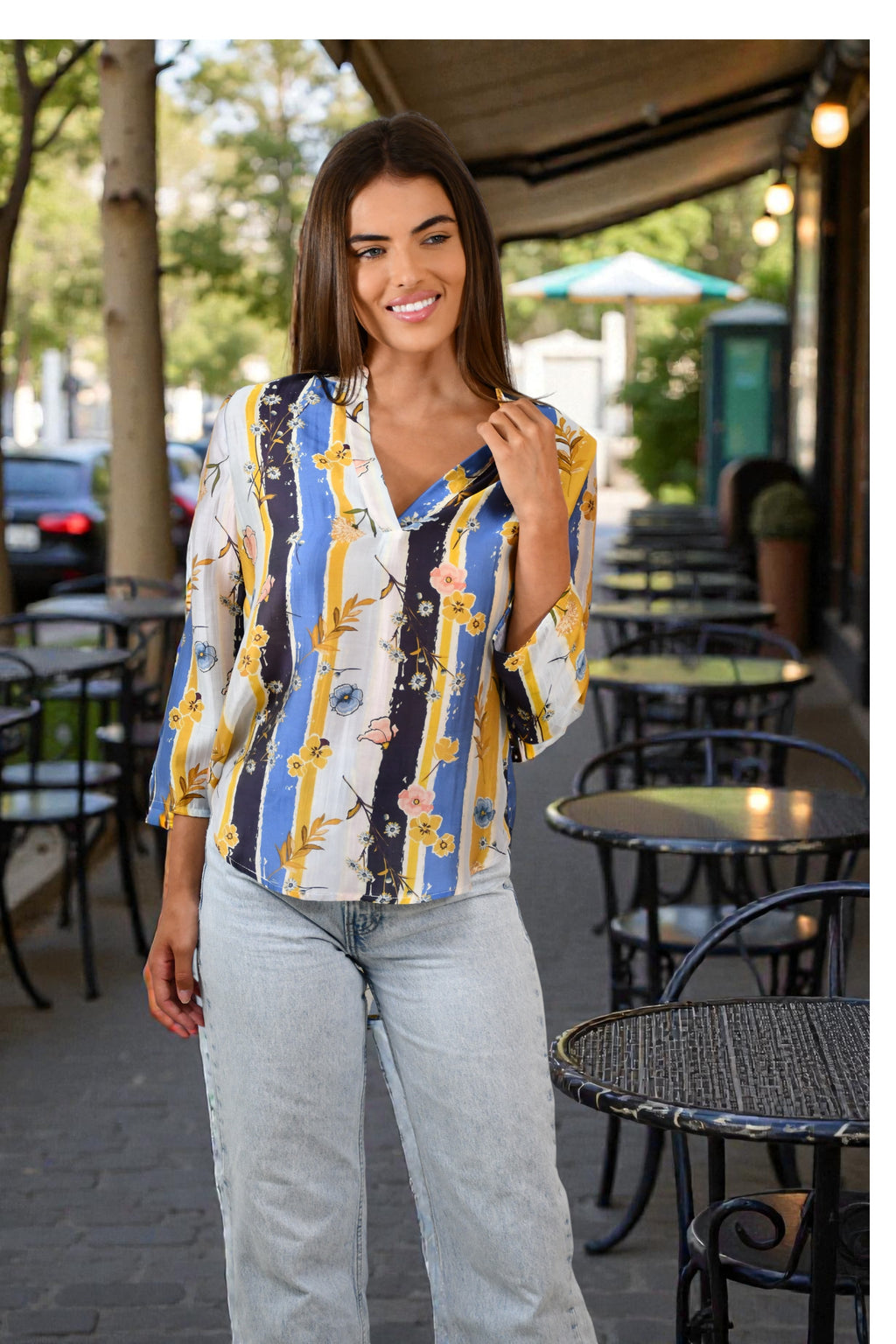 Floral Stripe 3/4 Sleeves  Blouse