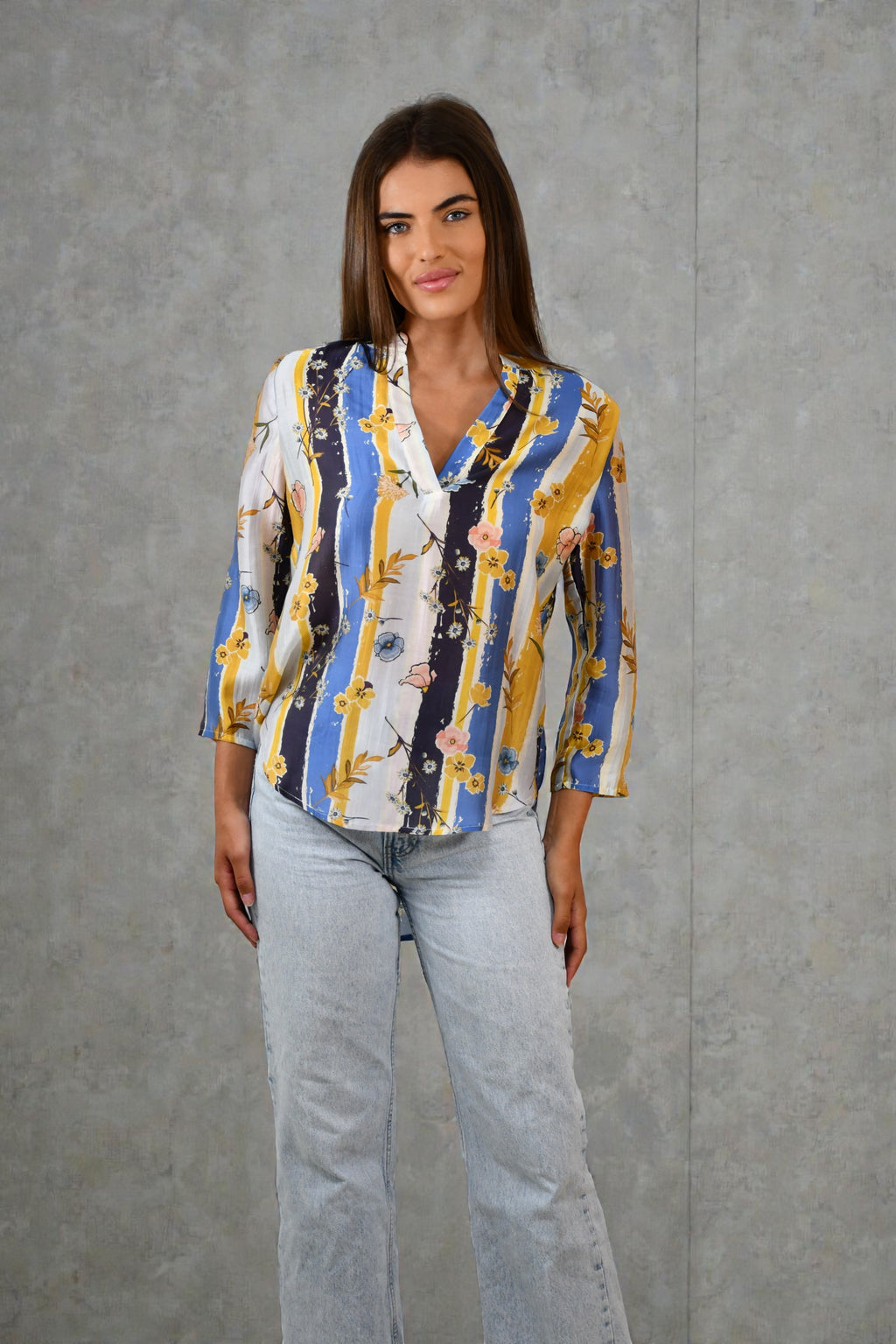 Floral Stripe 3/4 Sleeves  Blouse