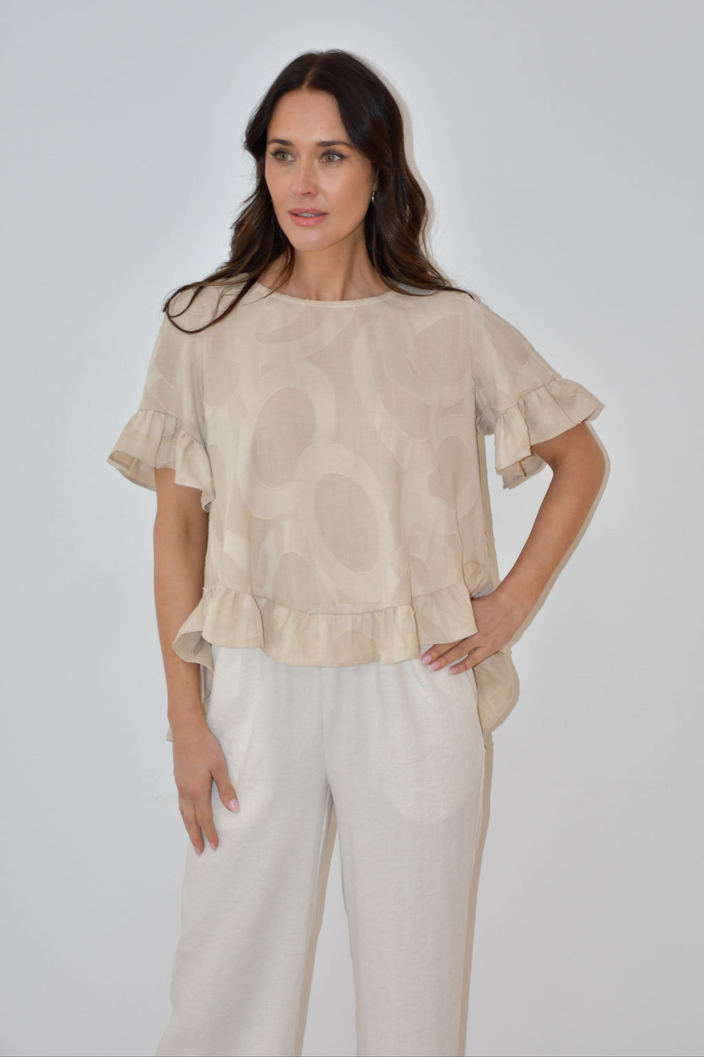 Beige Ruffle Hem Top with Textured Print
