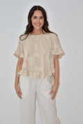 Beige Ruffle Hem Top with Textured Print
