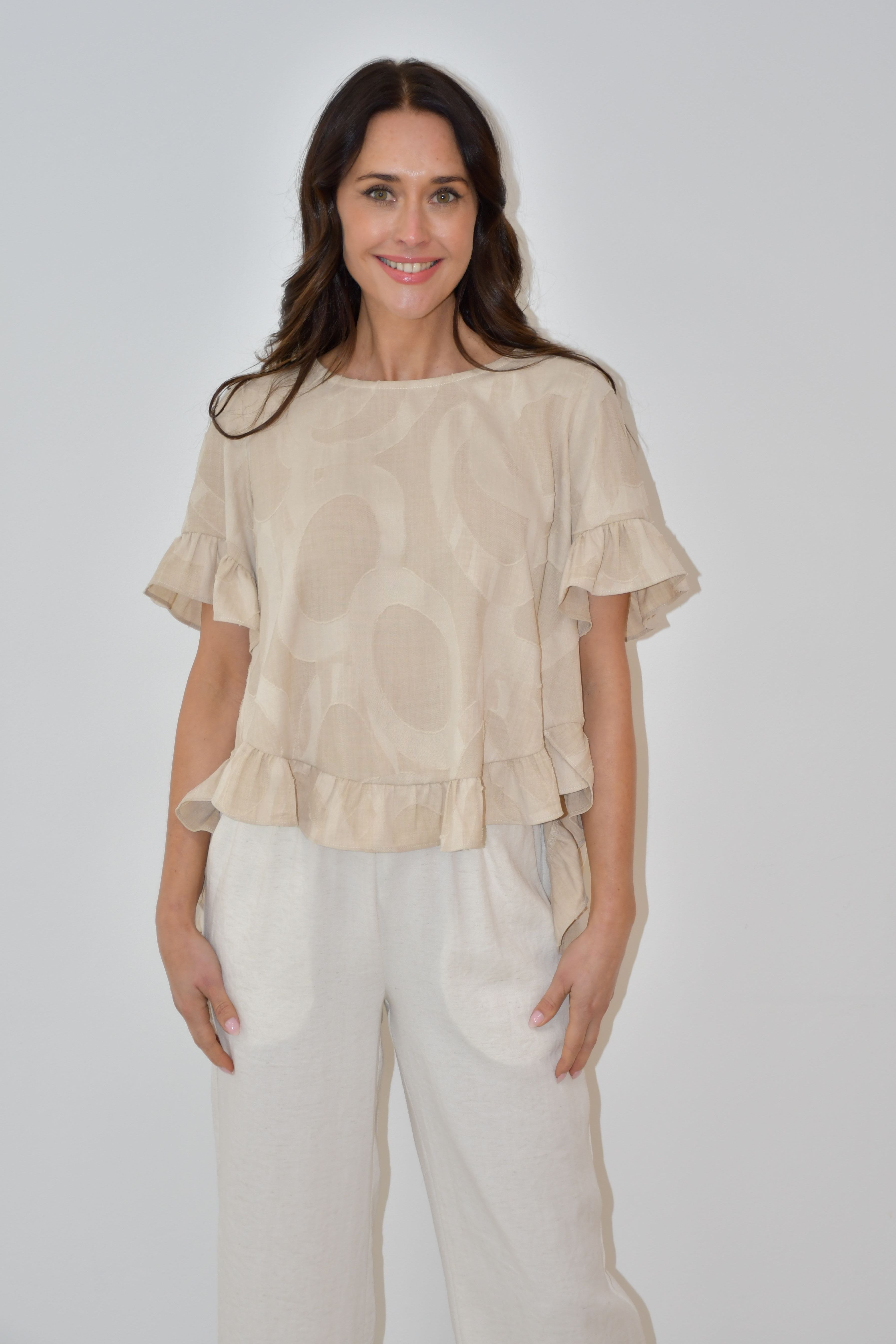 Beige Ruffle Hem Top with Textured Print