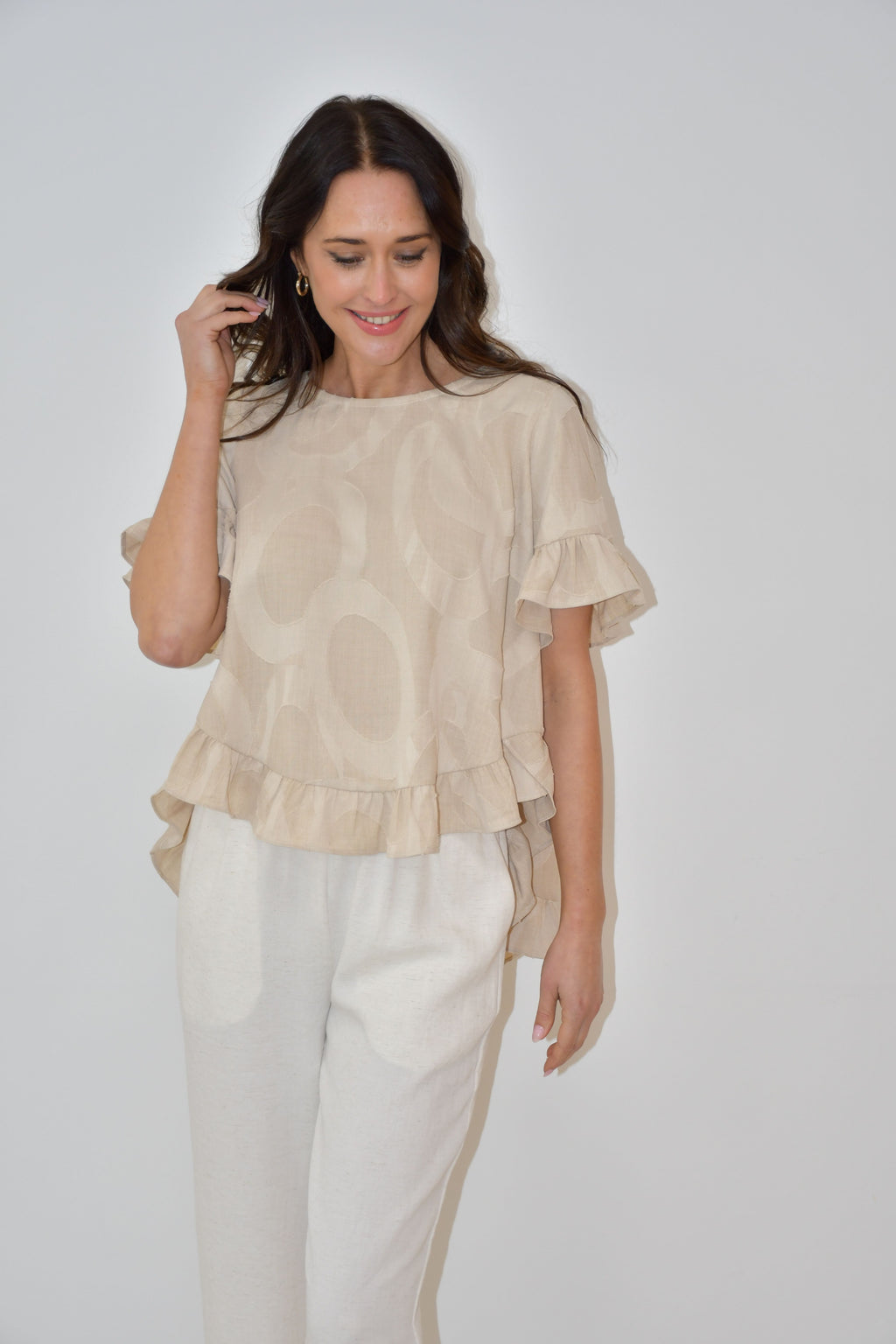 Beige Ruffle Hem Top with Textured Print