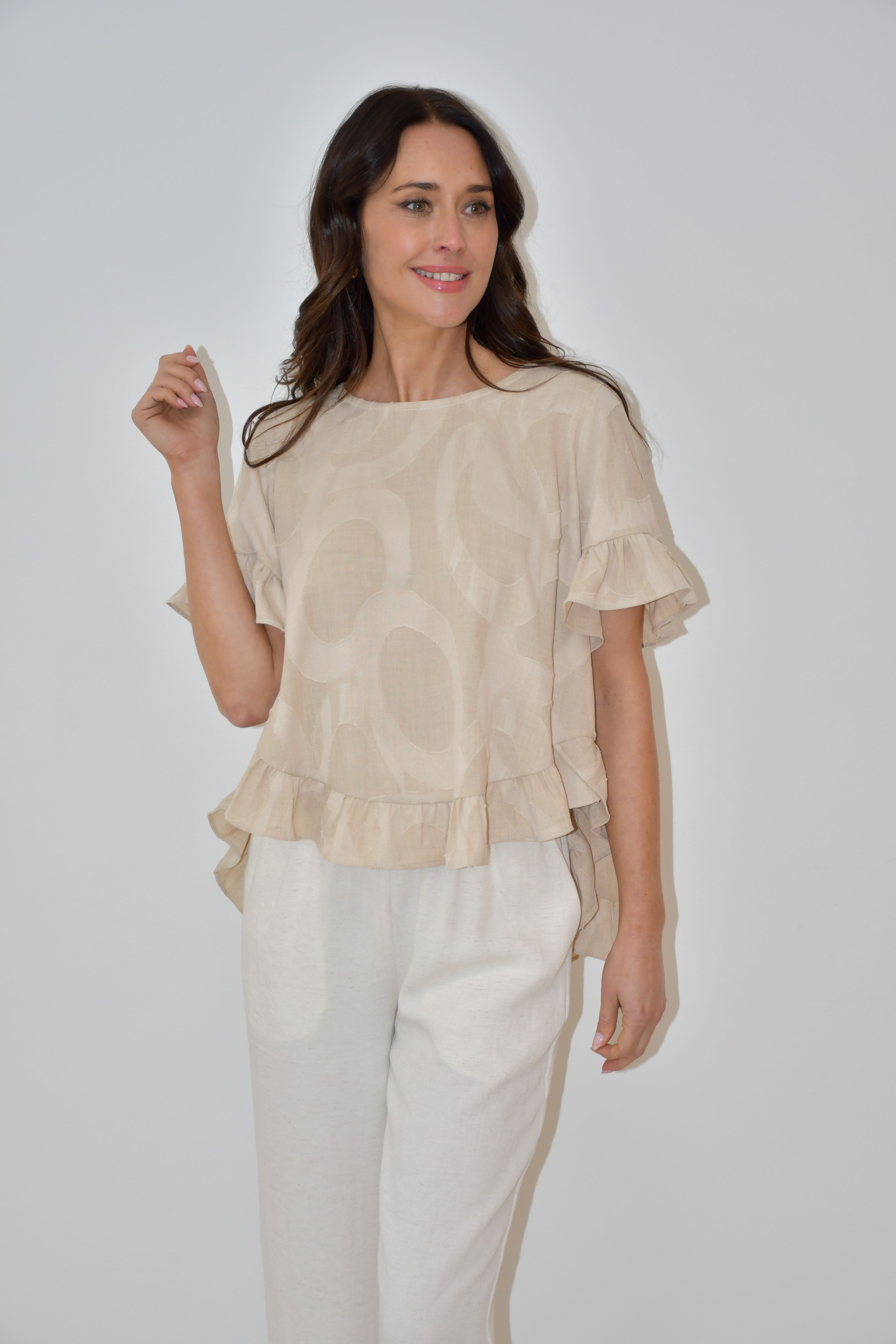 Beige Ruffle Hem Top with Textured Print