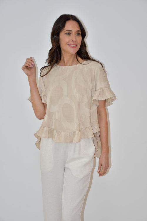 Beige Ruffle Hem Top with Textured Print