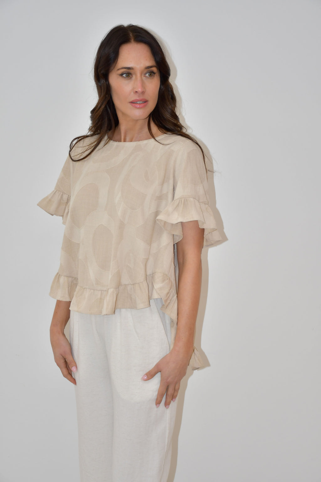Beige Ruffle Hem Top with Textured Print