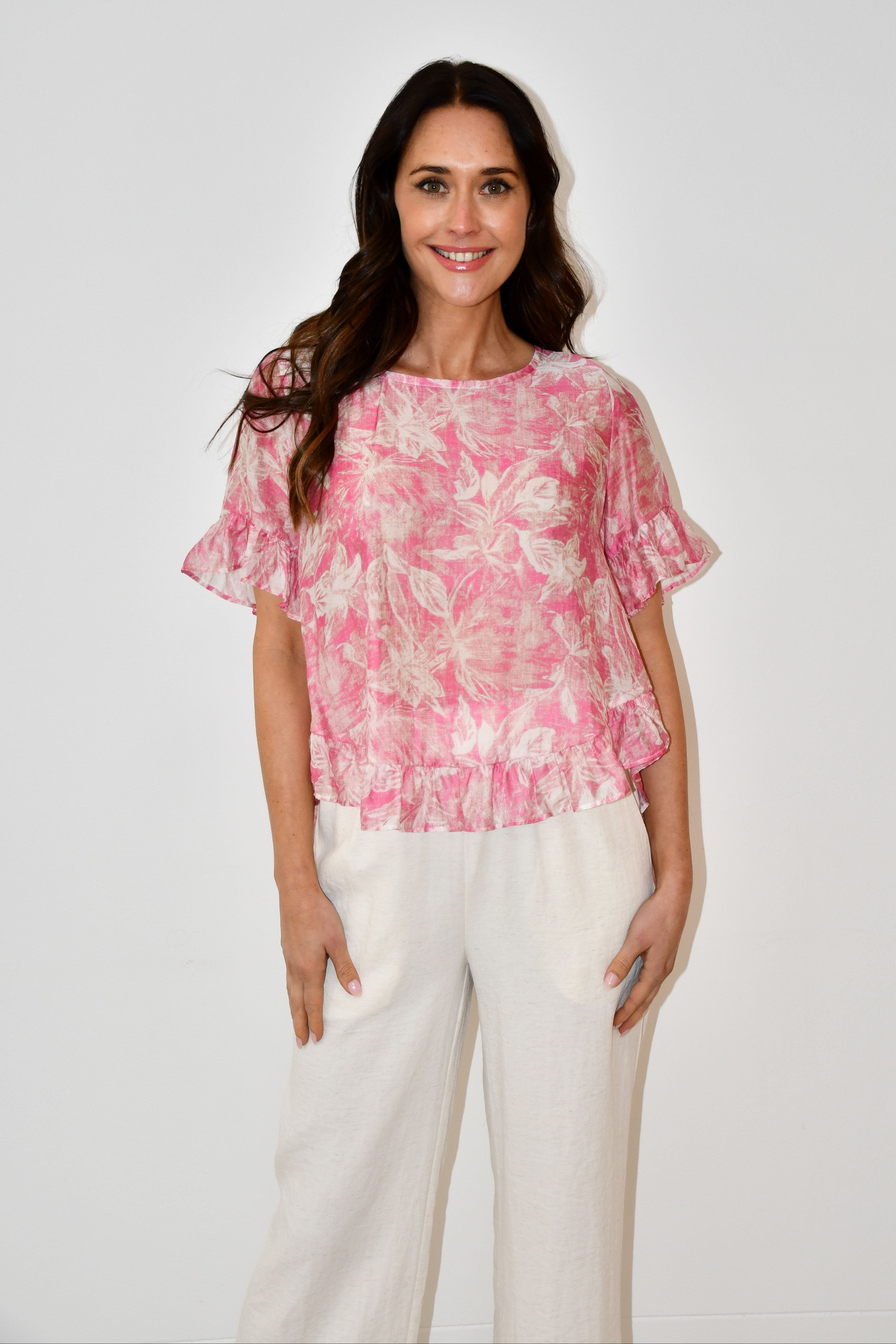 Pink Floral Print Ruffle Hem Top