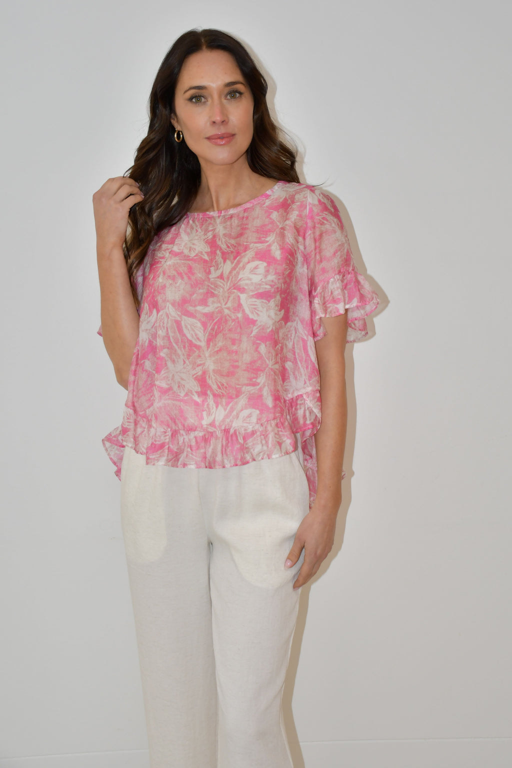 Pink Floral Print Ruffle Hem Top