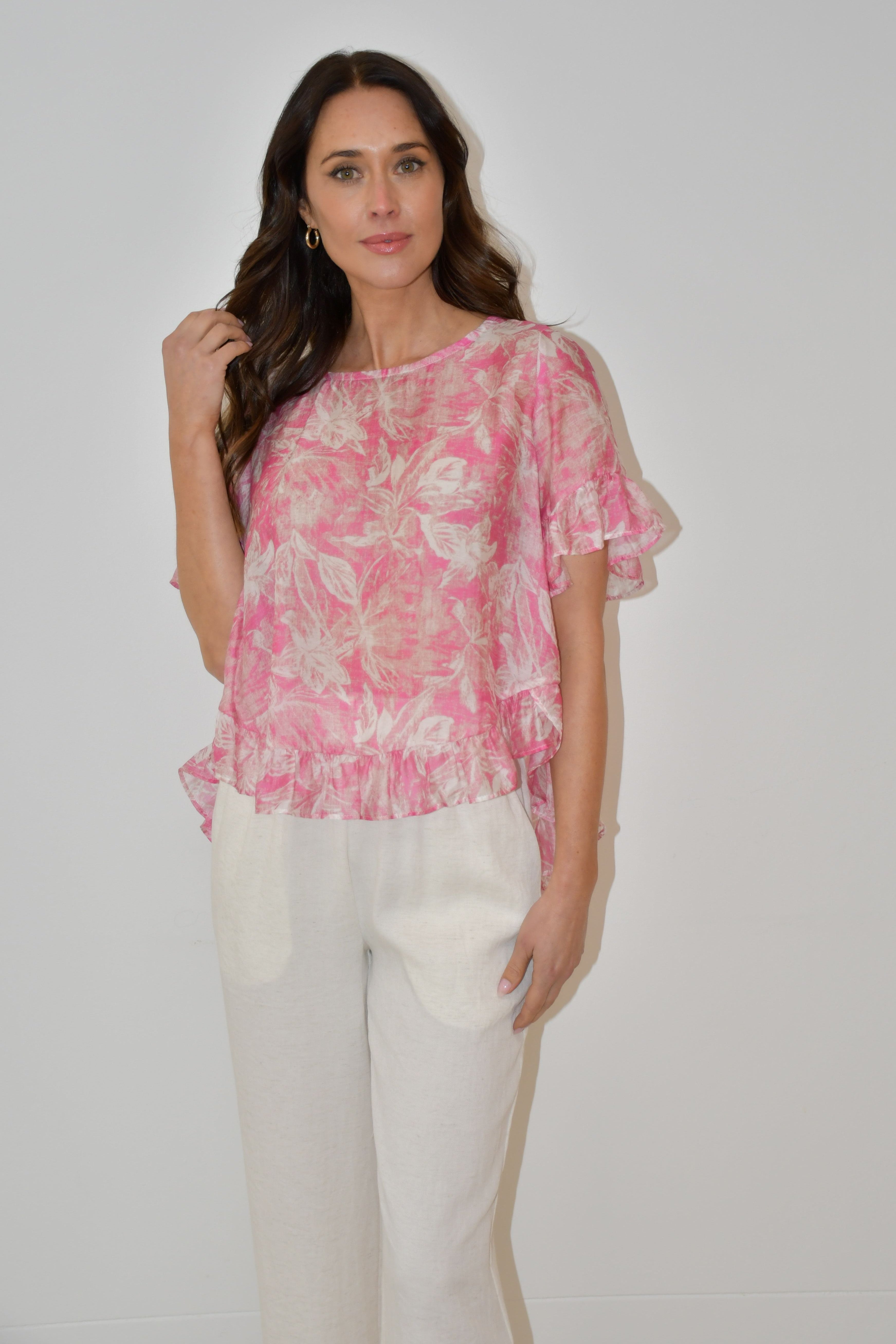 Pink Floral Print Ruffle Hem Top