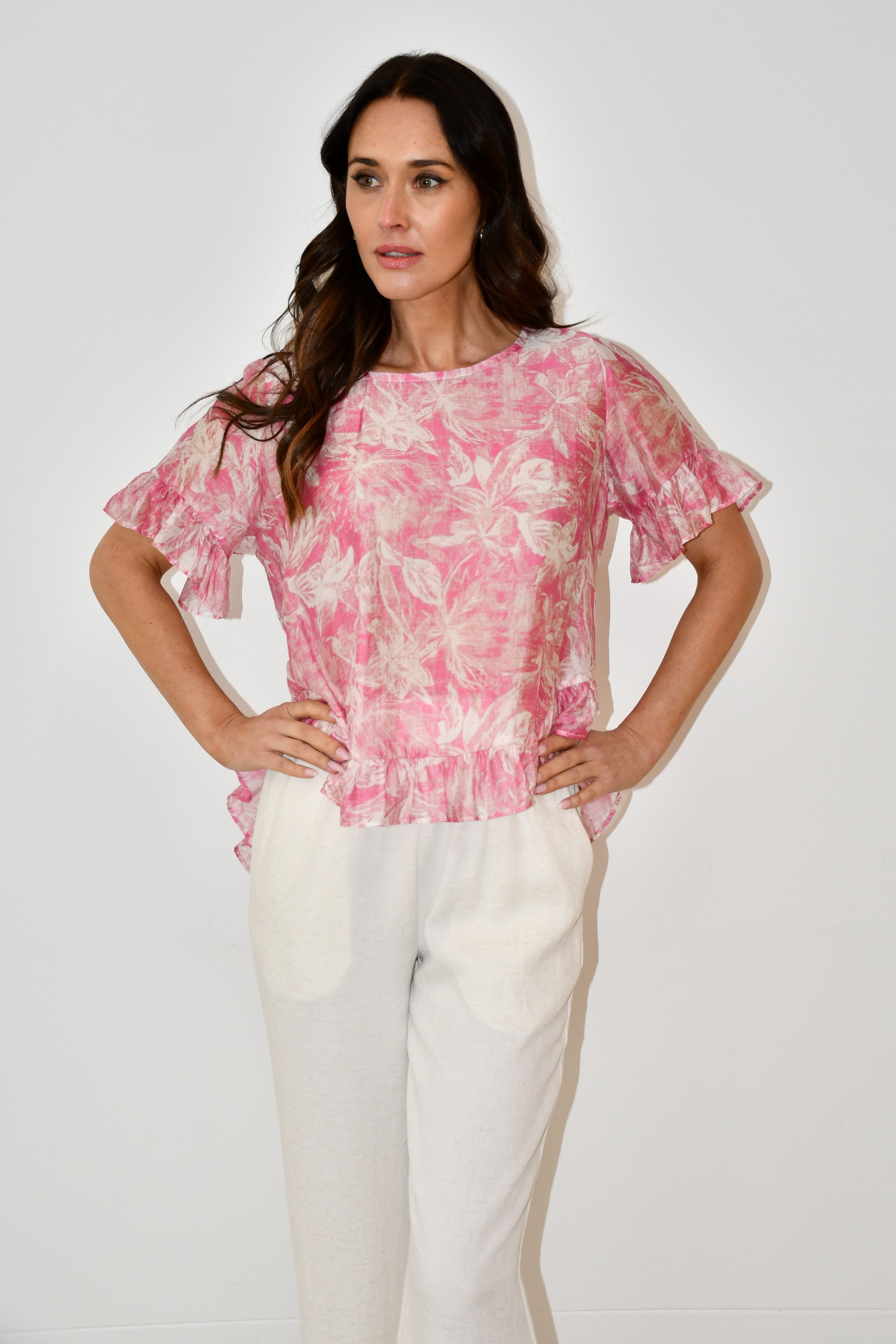 Pink Floral Print Ruffle Hem Top