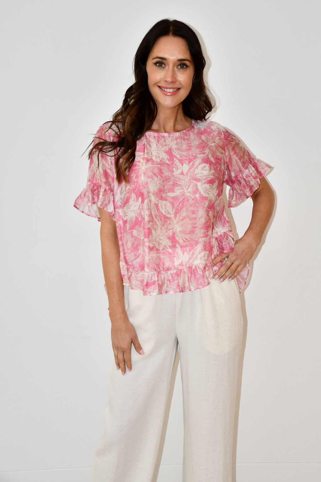 Pink Floral Print Ruffle Hem Top