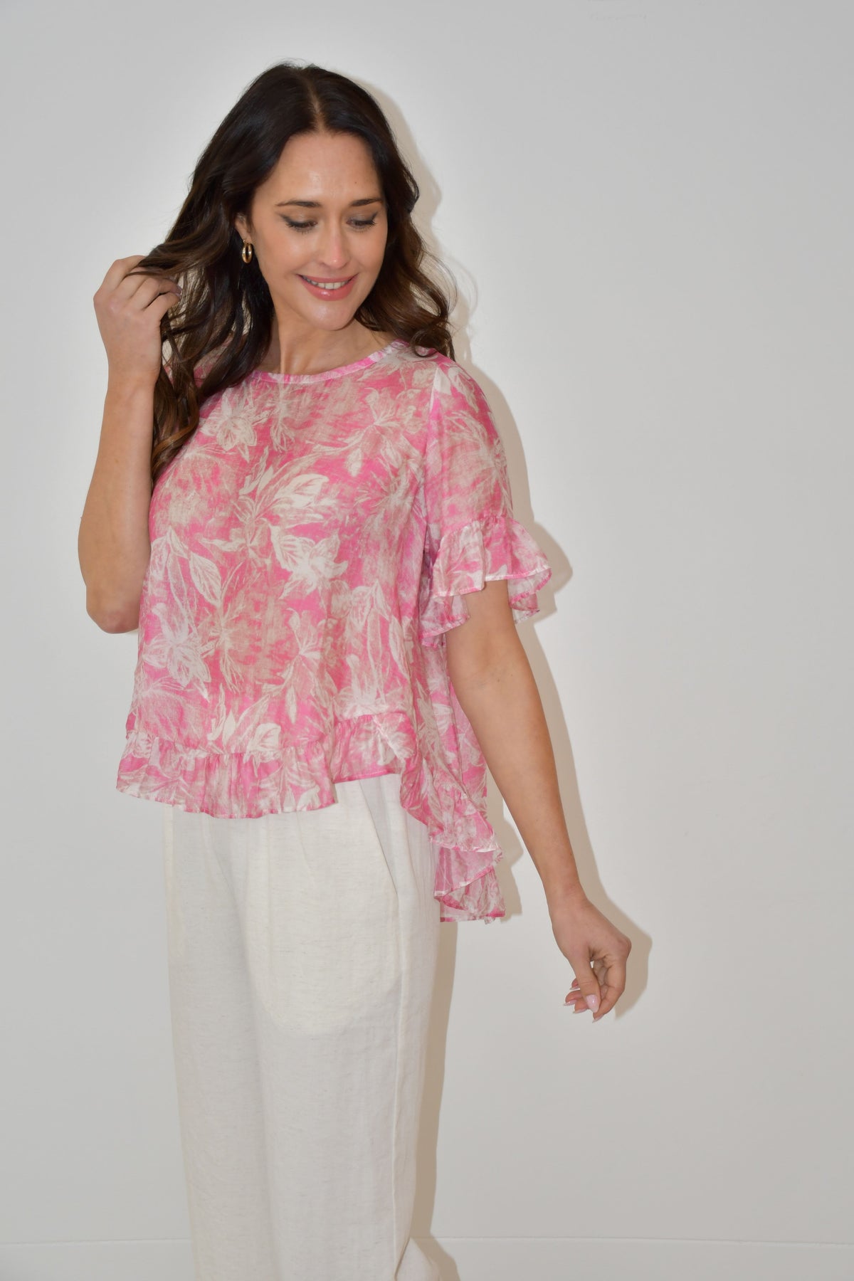 Pink Floral Print Ruffle Hem Top