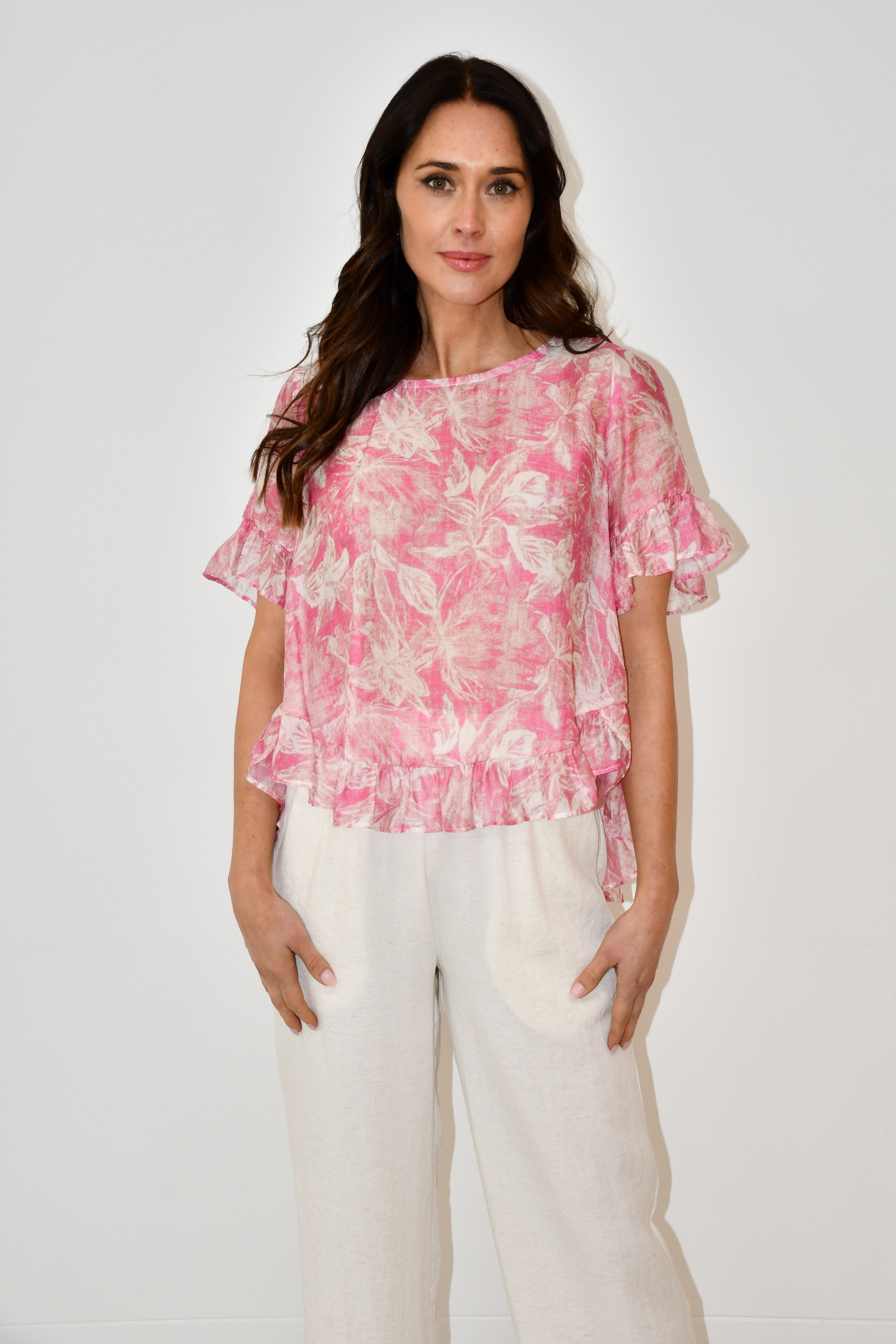 Pink Floral Print Ruffle Hem Top