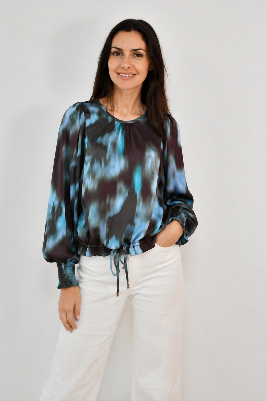Drawstring Balloon Sleeve Blouse