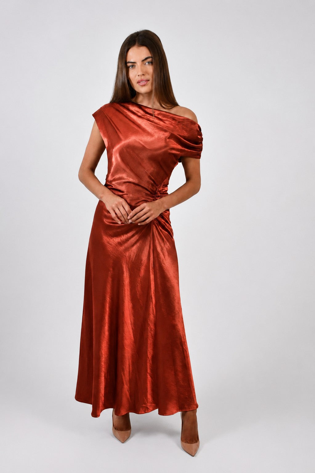Satin One / Off  Shoulder Ruched Dress