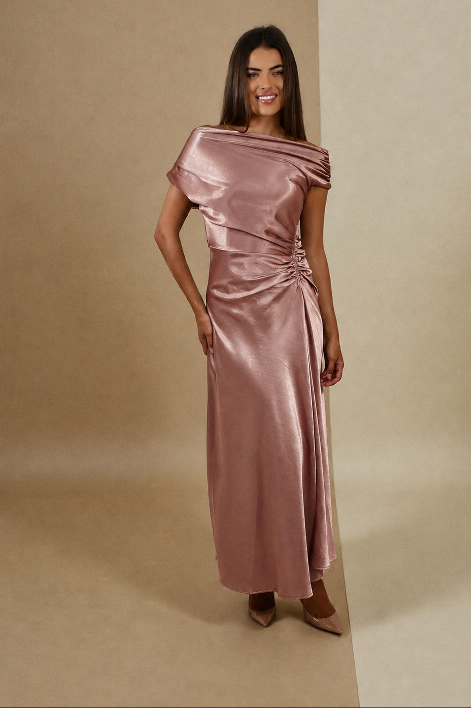 Satin One / Off  Shoulder Ruched Dress