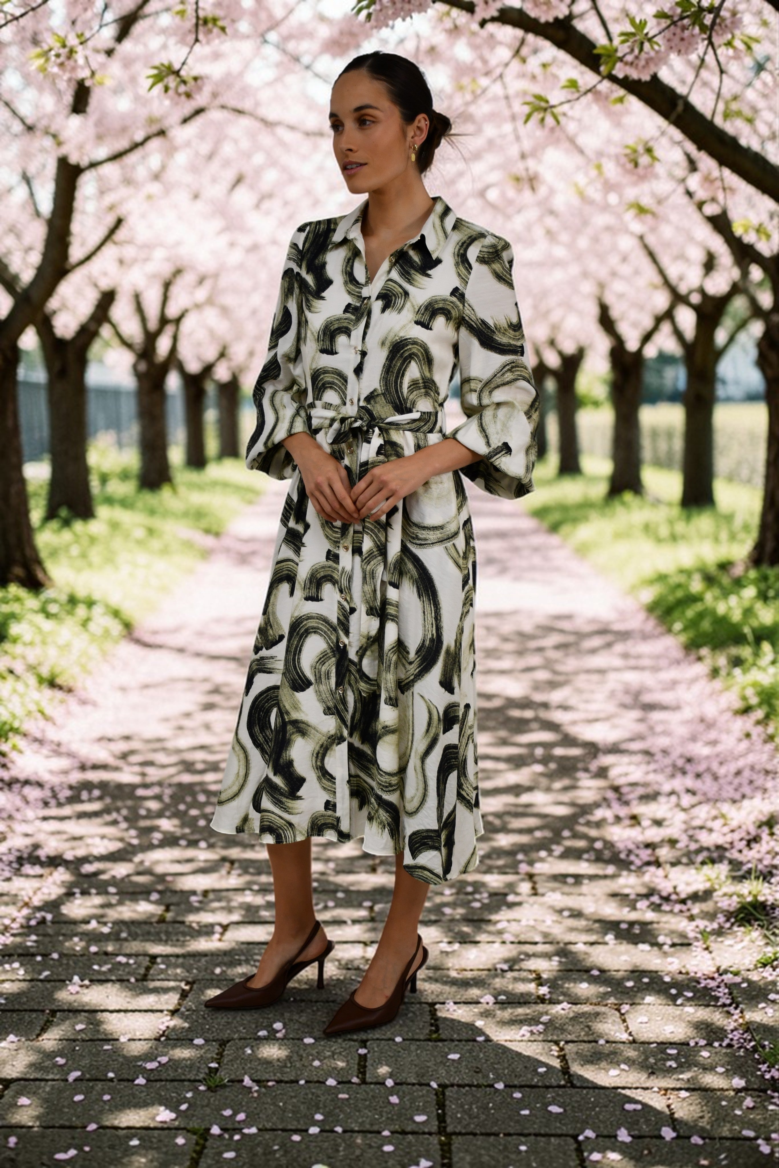 Abstract Brushstroke Midi Dress Green/Biege