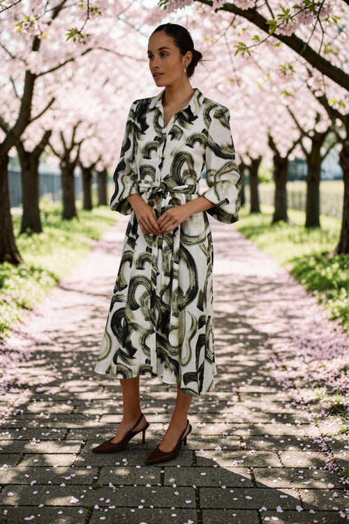 Abstract Brushstroke Midi Dress Green/Biege