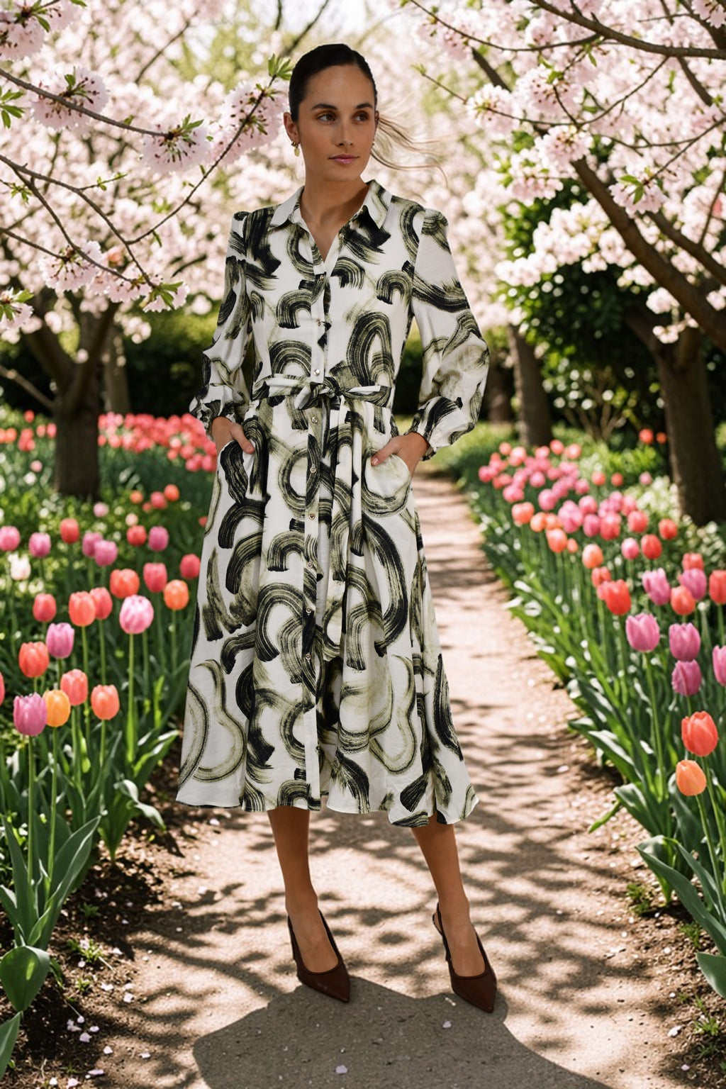 Abstract Brushstroke Midi Dress Green/Biege