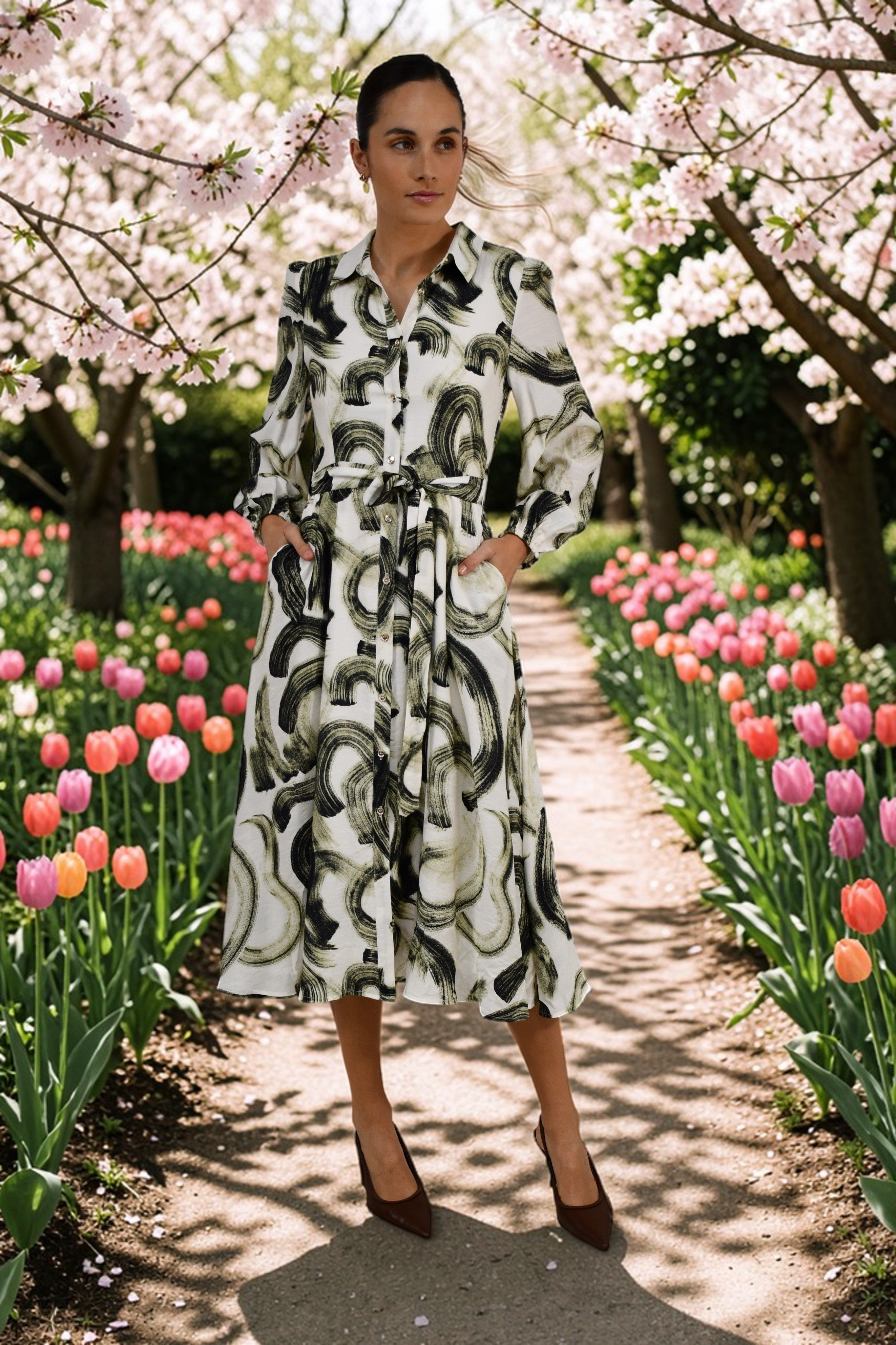 Abstract Brushstroke Midi Dress Green/Biege