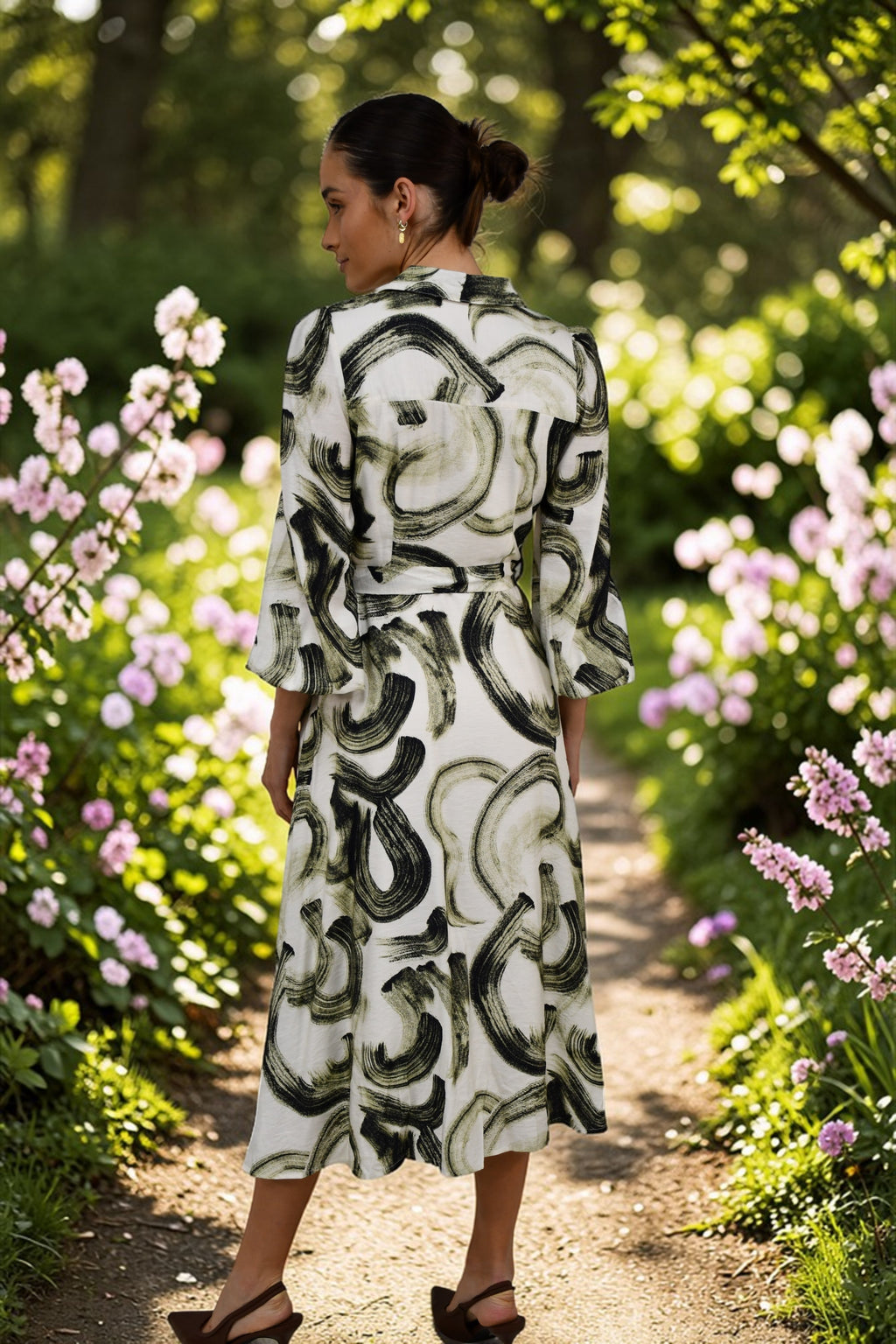 Abstract Brushstroke Midi Dress Green/Biege