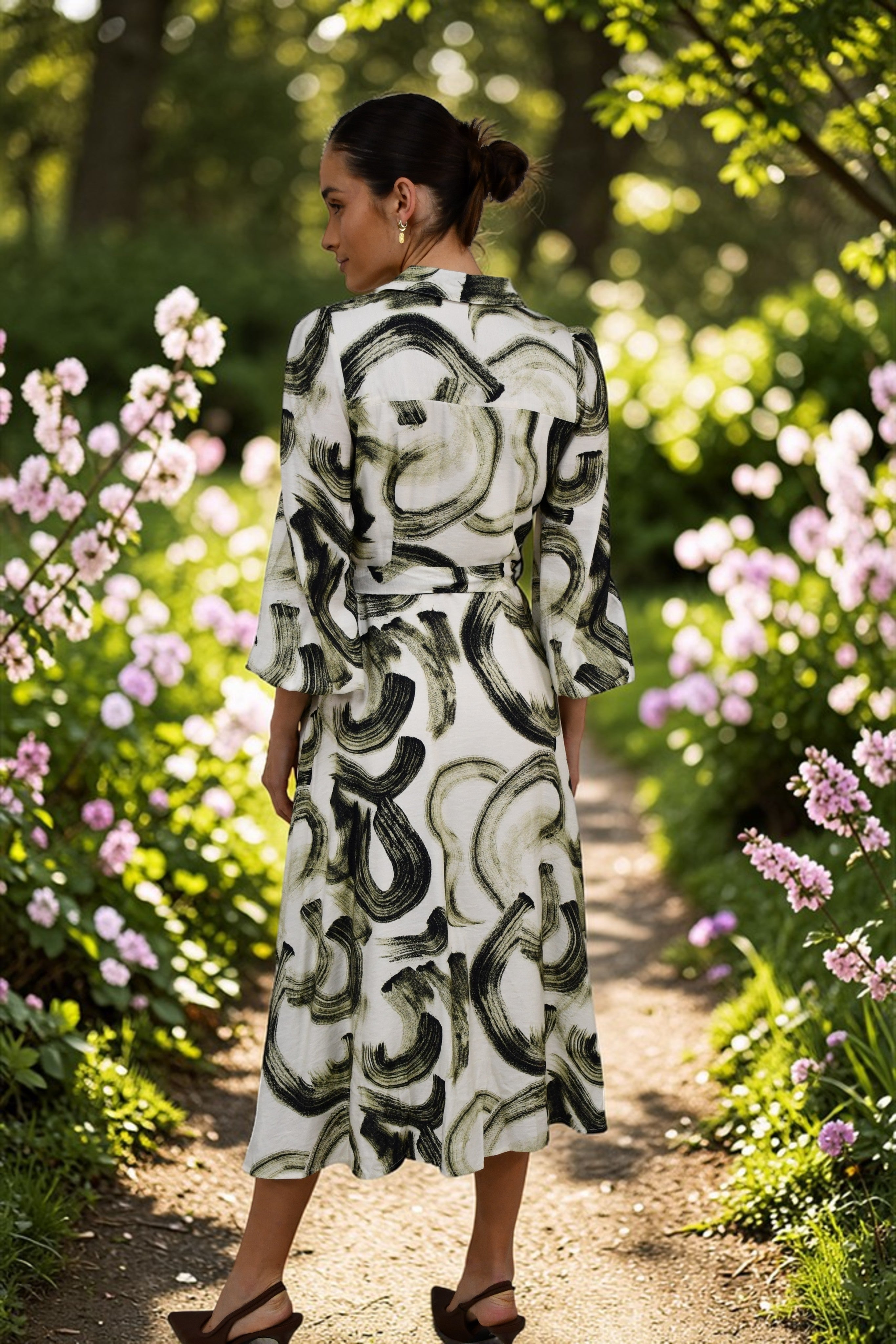 Abstract Brushstroke Midi Dress Green/Biege
