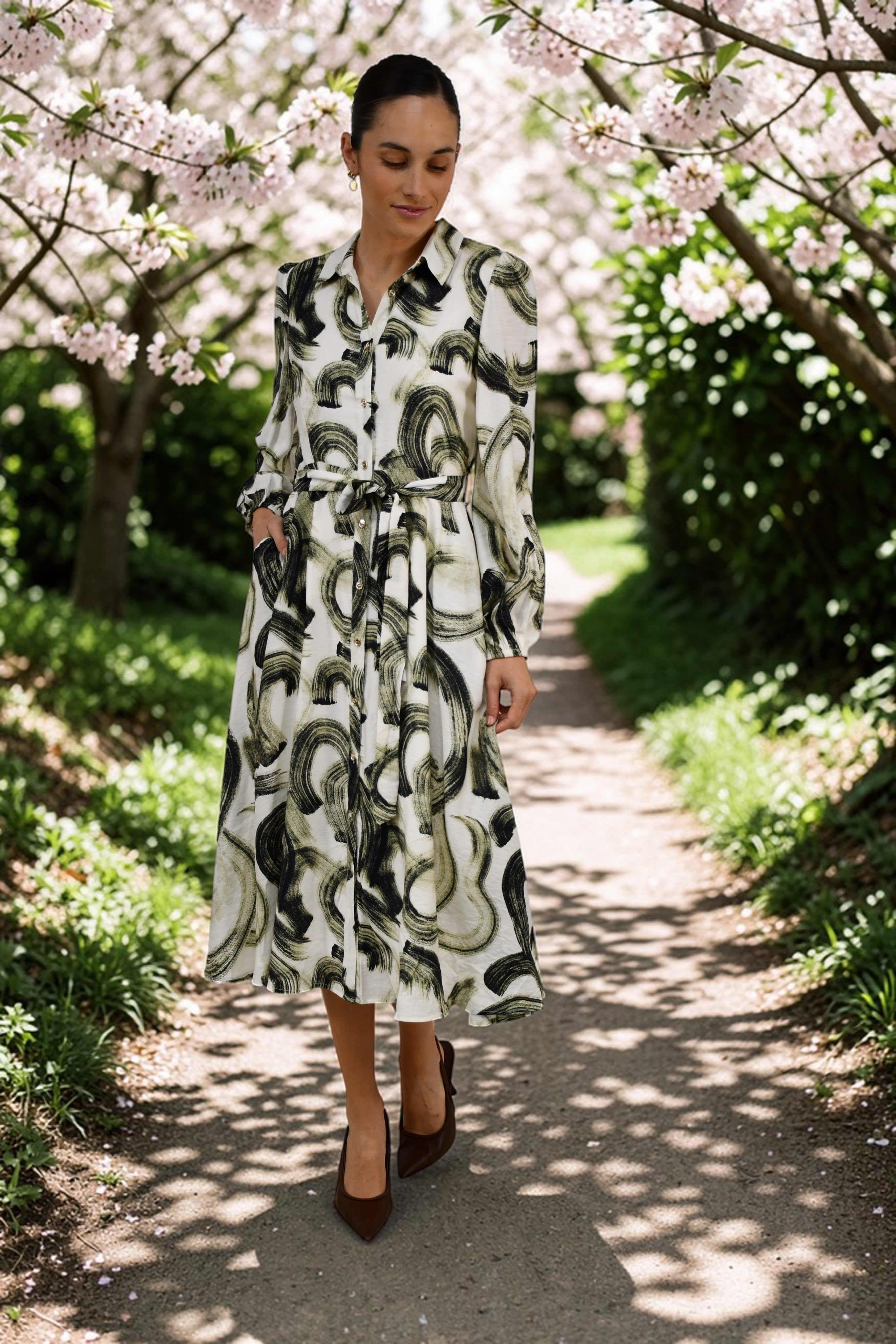 Abstract Brushstroke Midi Dress Green/Biege