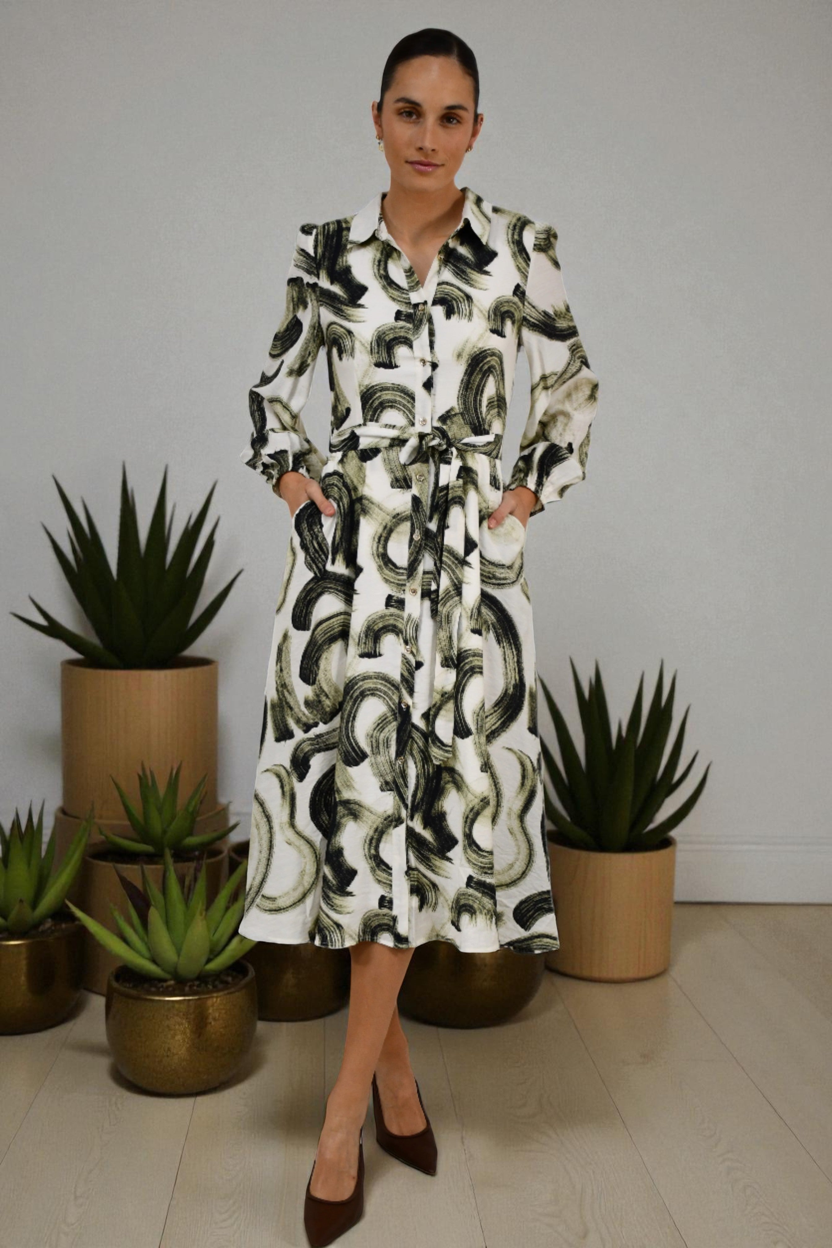 Abstract Brushstroke Midi Dress Green/Biege