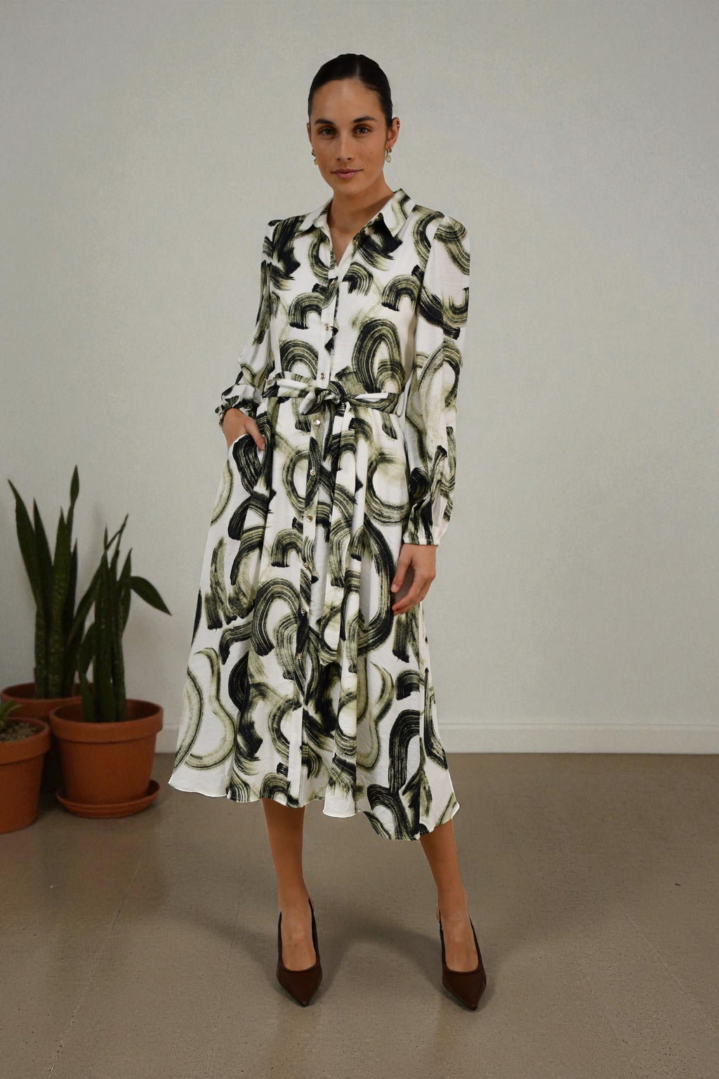 Abstract Brushstroke Midi Dress Green/Biege
