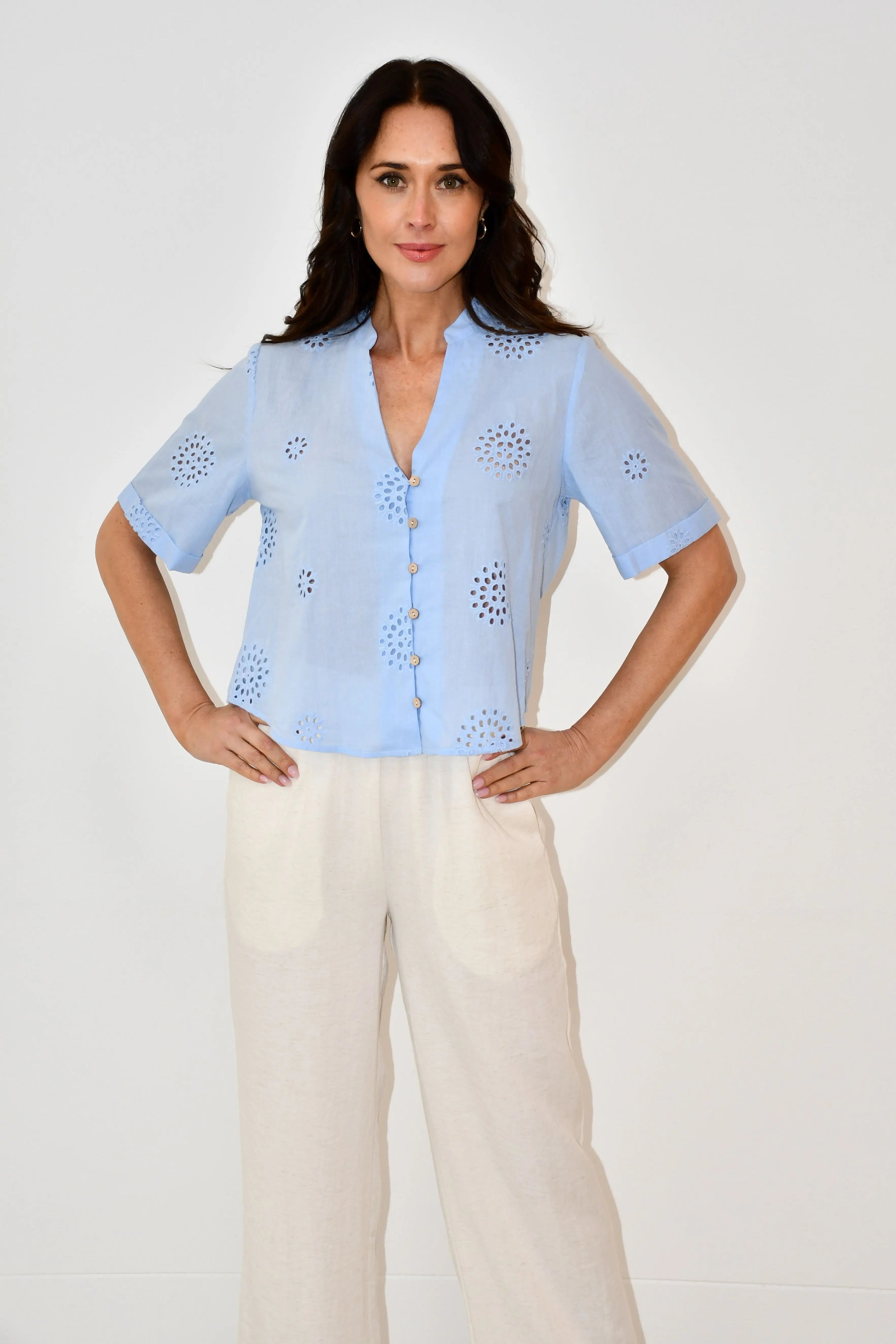 Sky Blue Embroidered Button-Down Top Jess The Molly