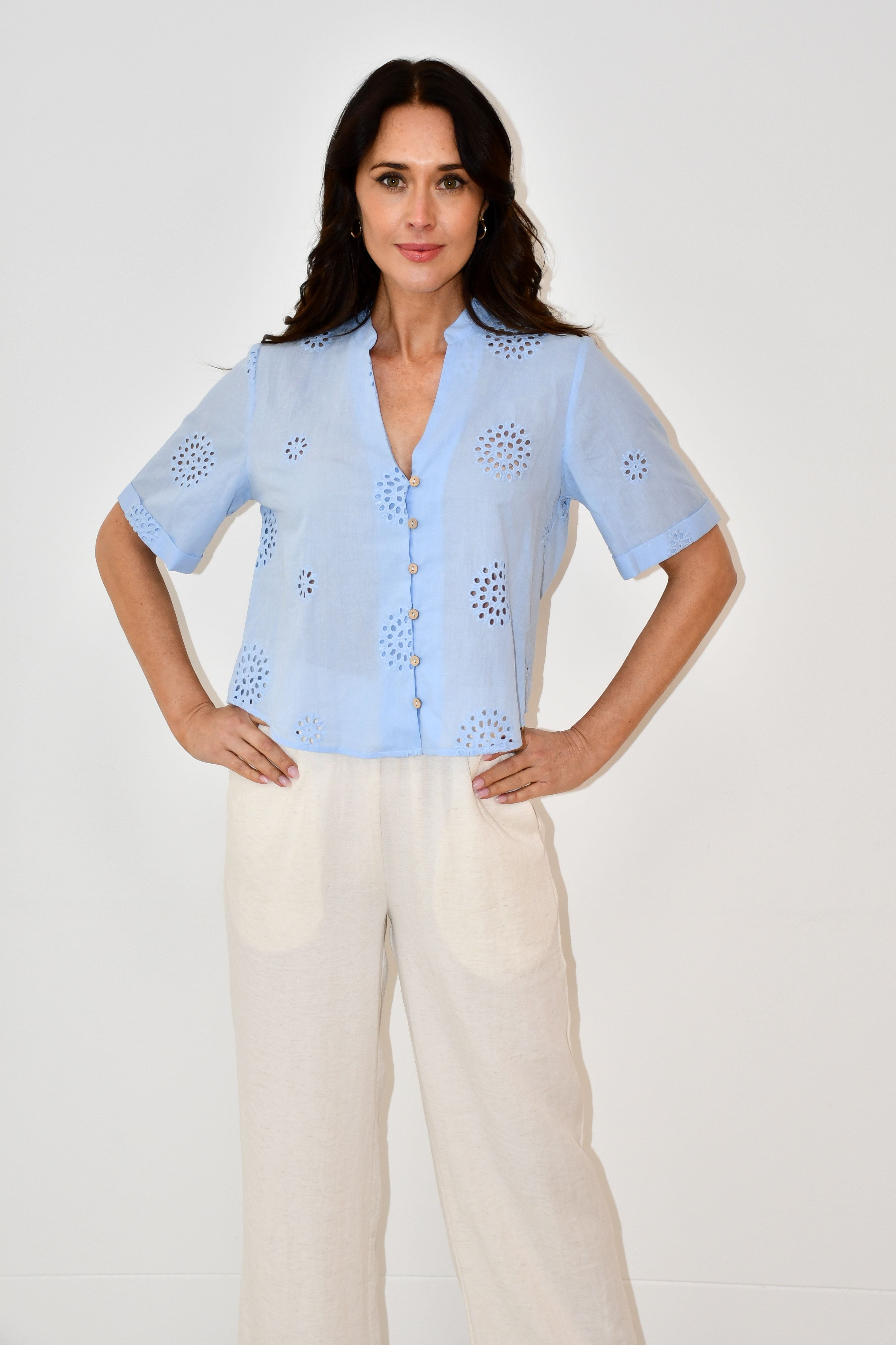 Sky Blue Embroidered Button-Down Top