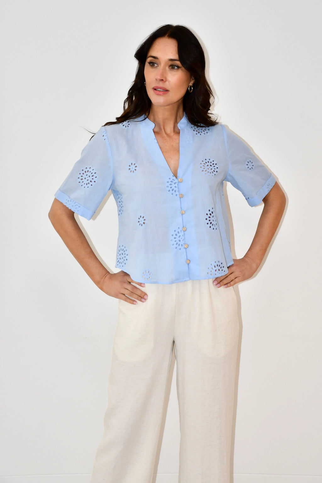 Sky Blue Embroidered Button-Down Top Jess The Molly