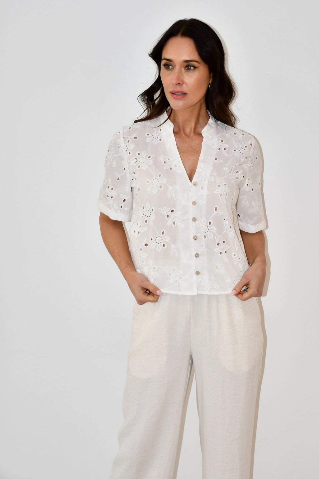 White Embroidered Button-Down Top Jess The Molly
