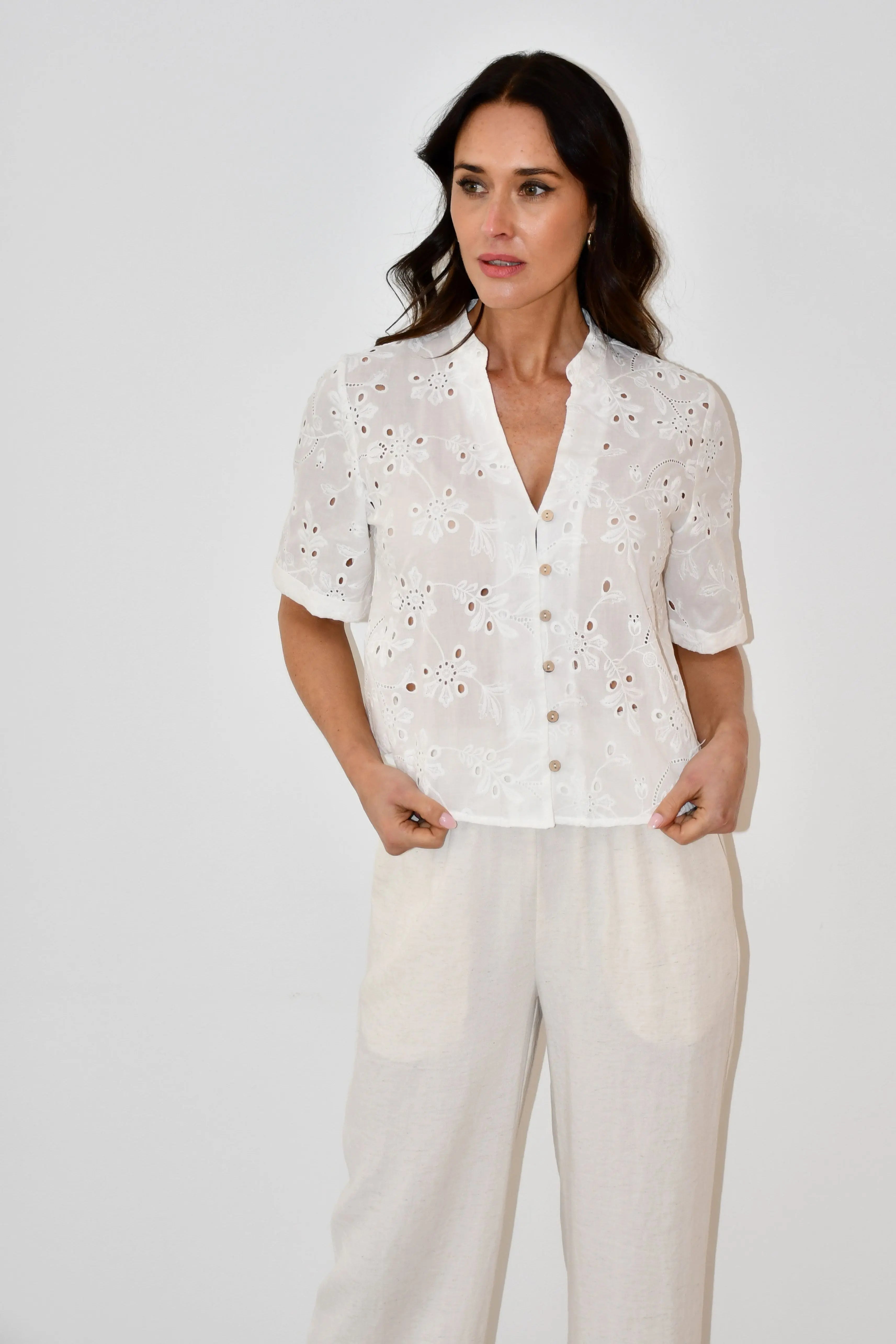 White Embroidered Button-Down Top Jess The Molly