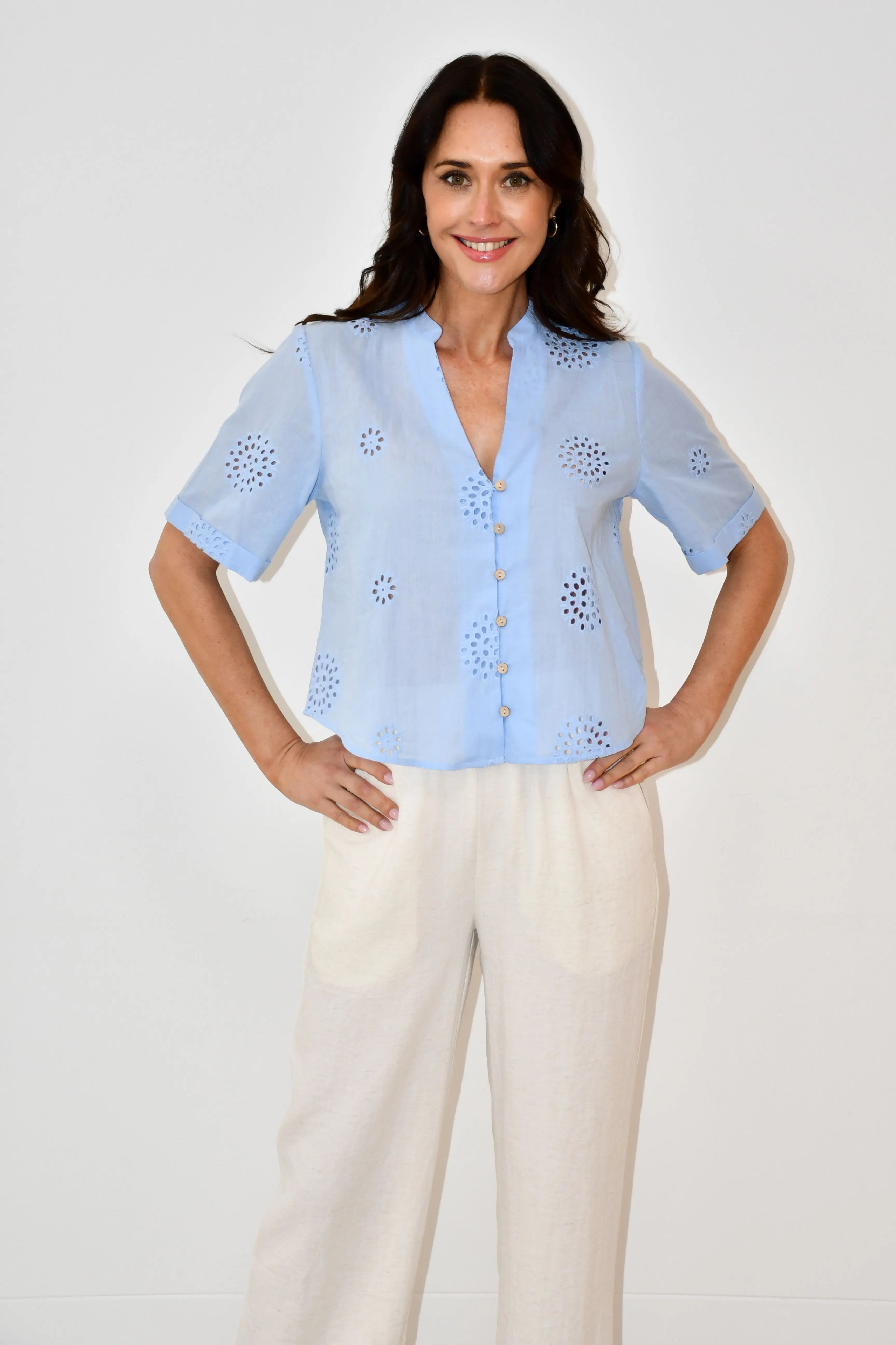 Sky Blue Embroidered Button-Down Top Jess The Molly