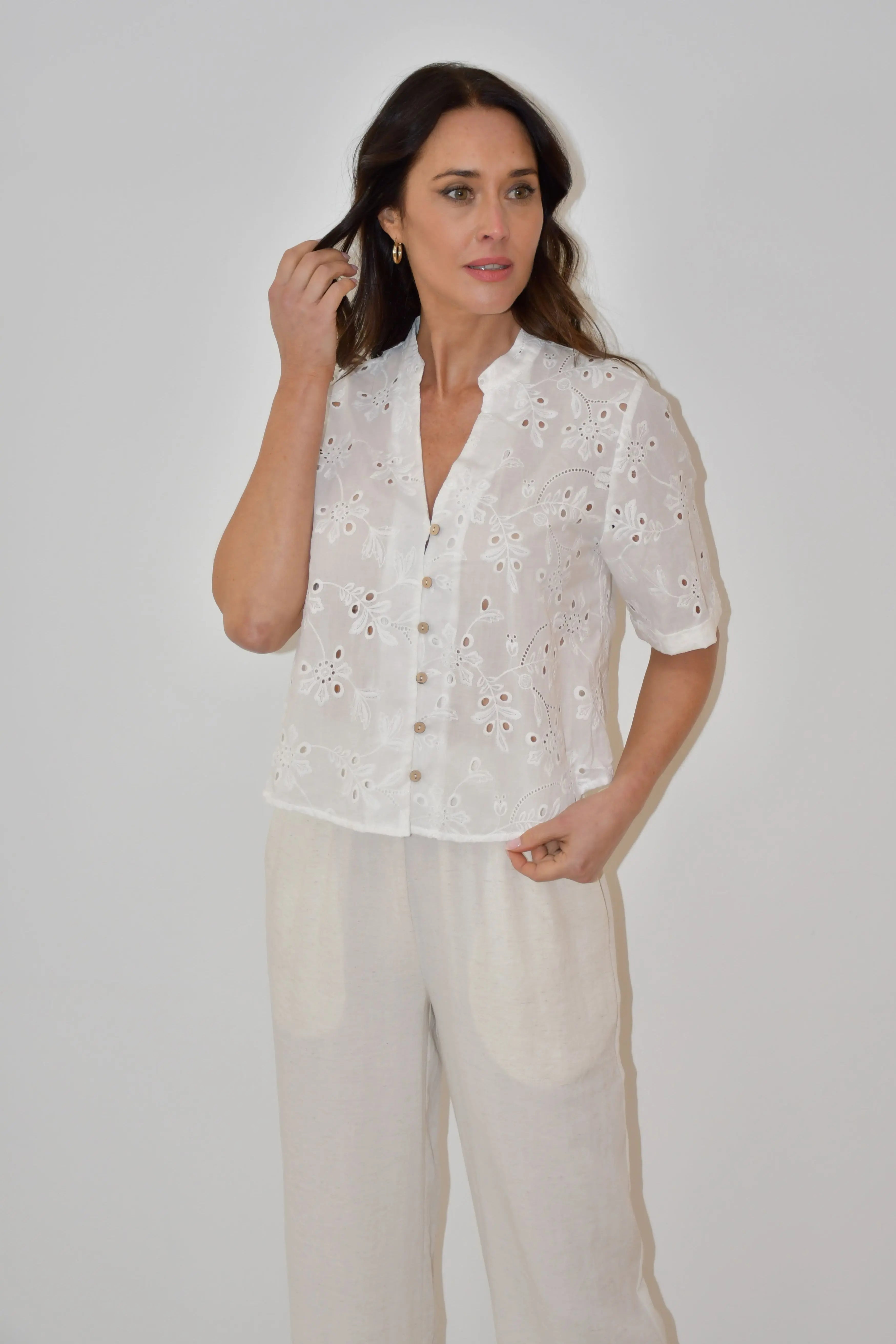 White Embroidered Button-Down Top Jess The Molly