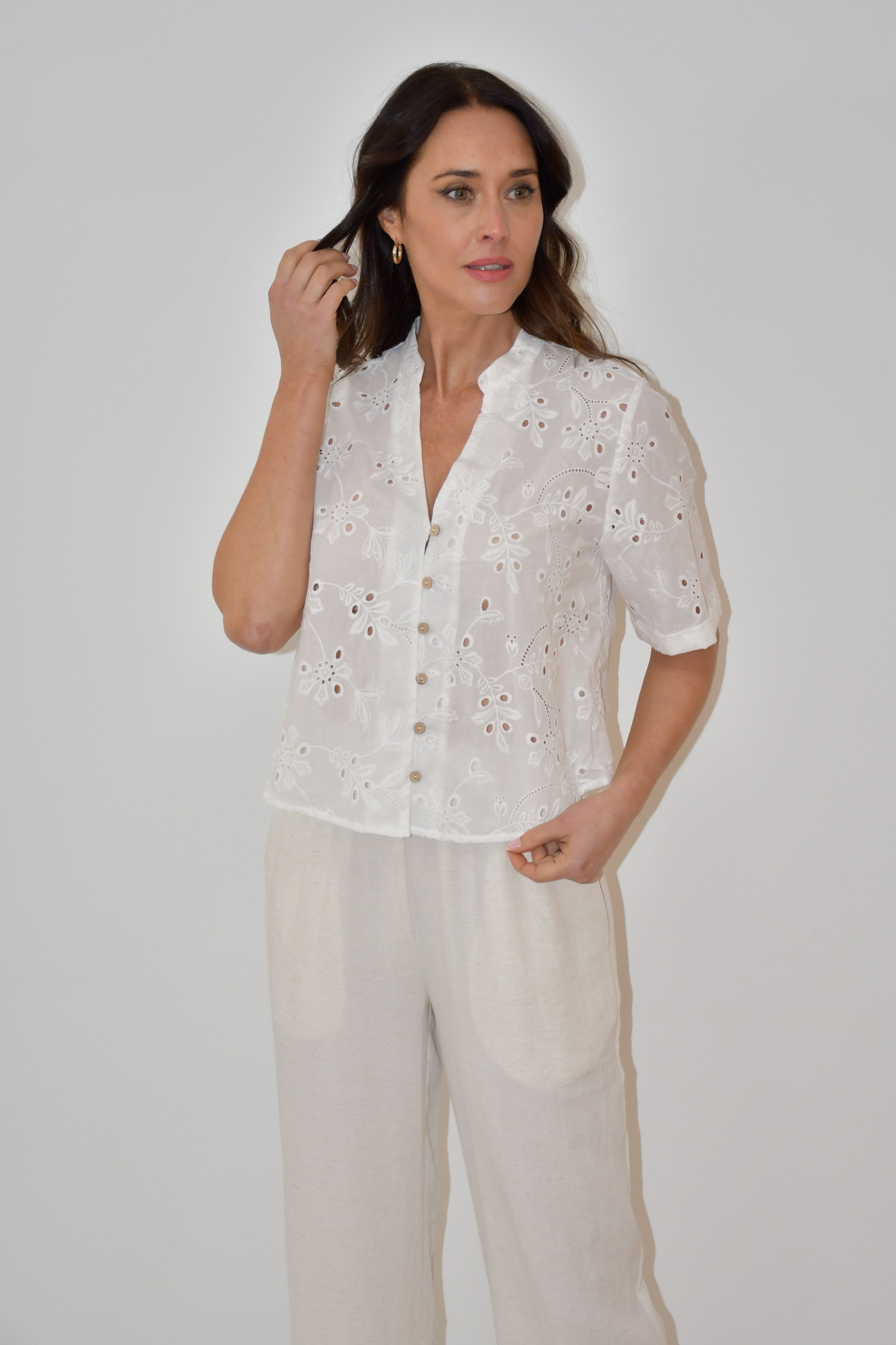 White Embroidered Button-Down Top