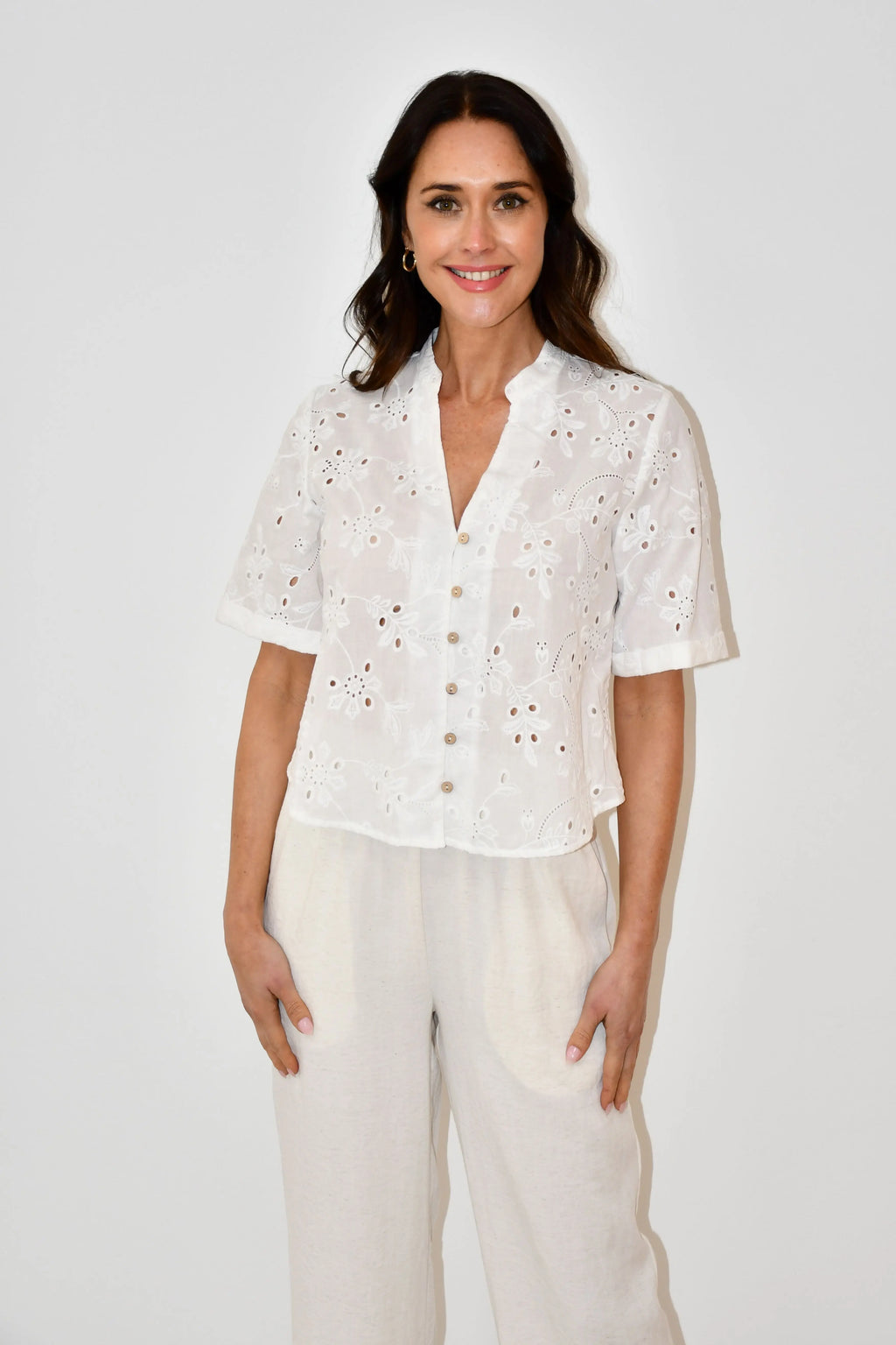 White Embroidered Button-Down Top Jess The Molly