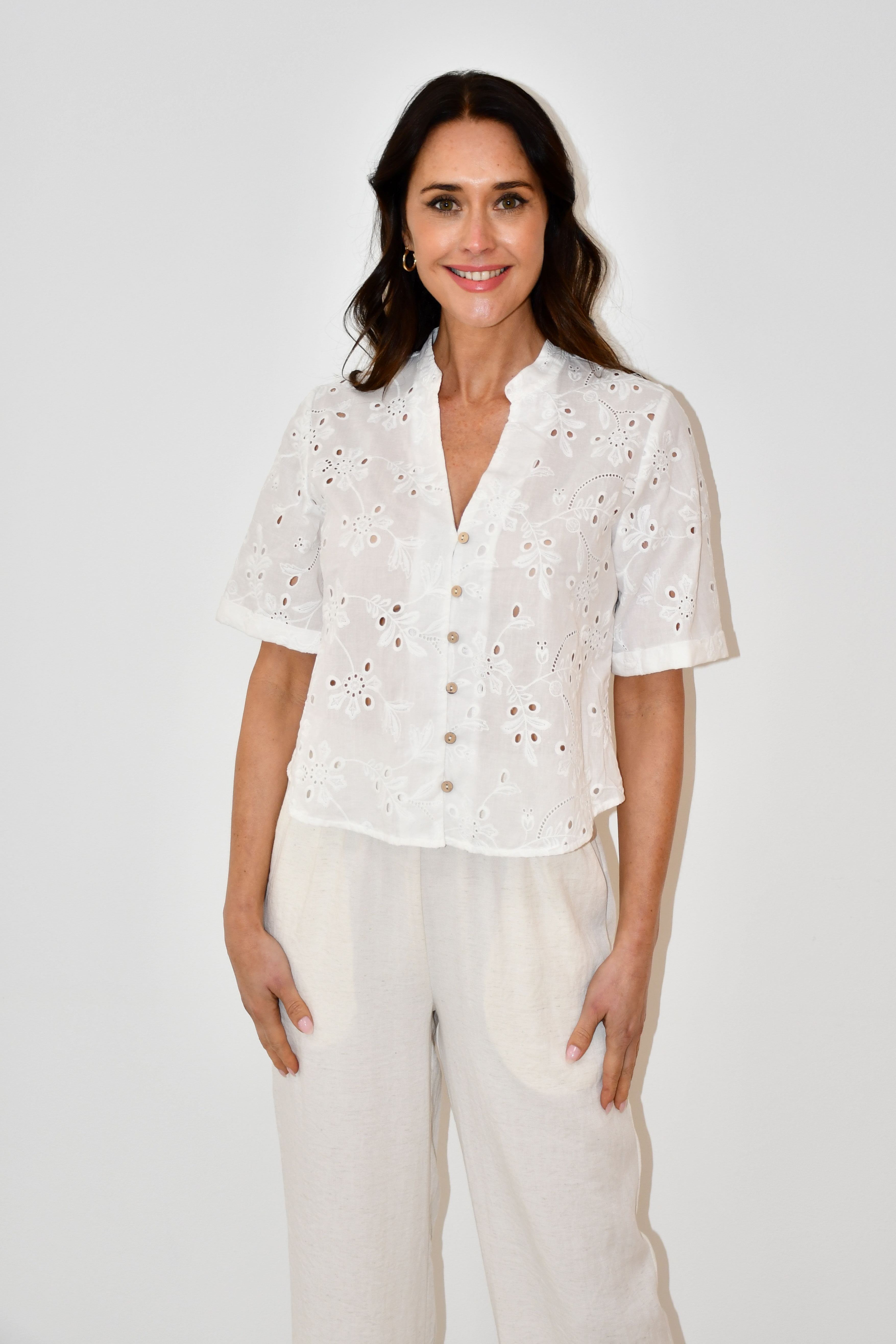 White Embroidered Button-Down Top
