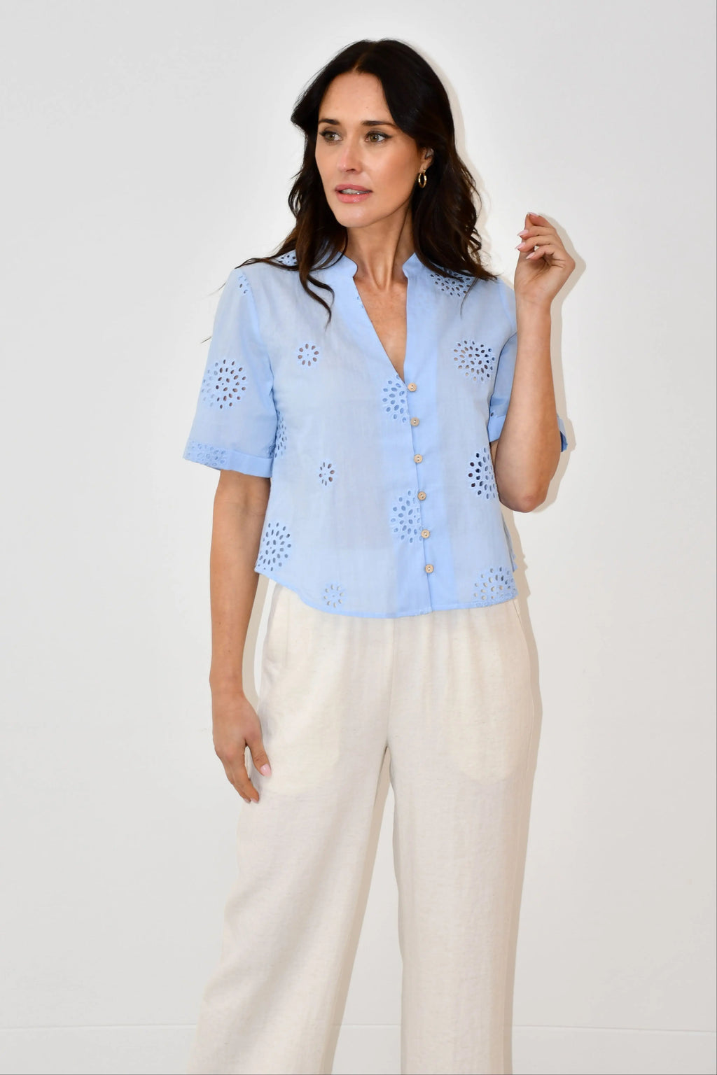 Sky Blue Embroidered Button-Down Top Jess The Molly