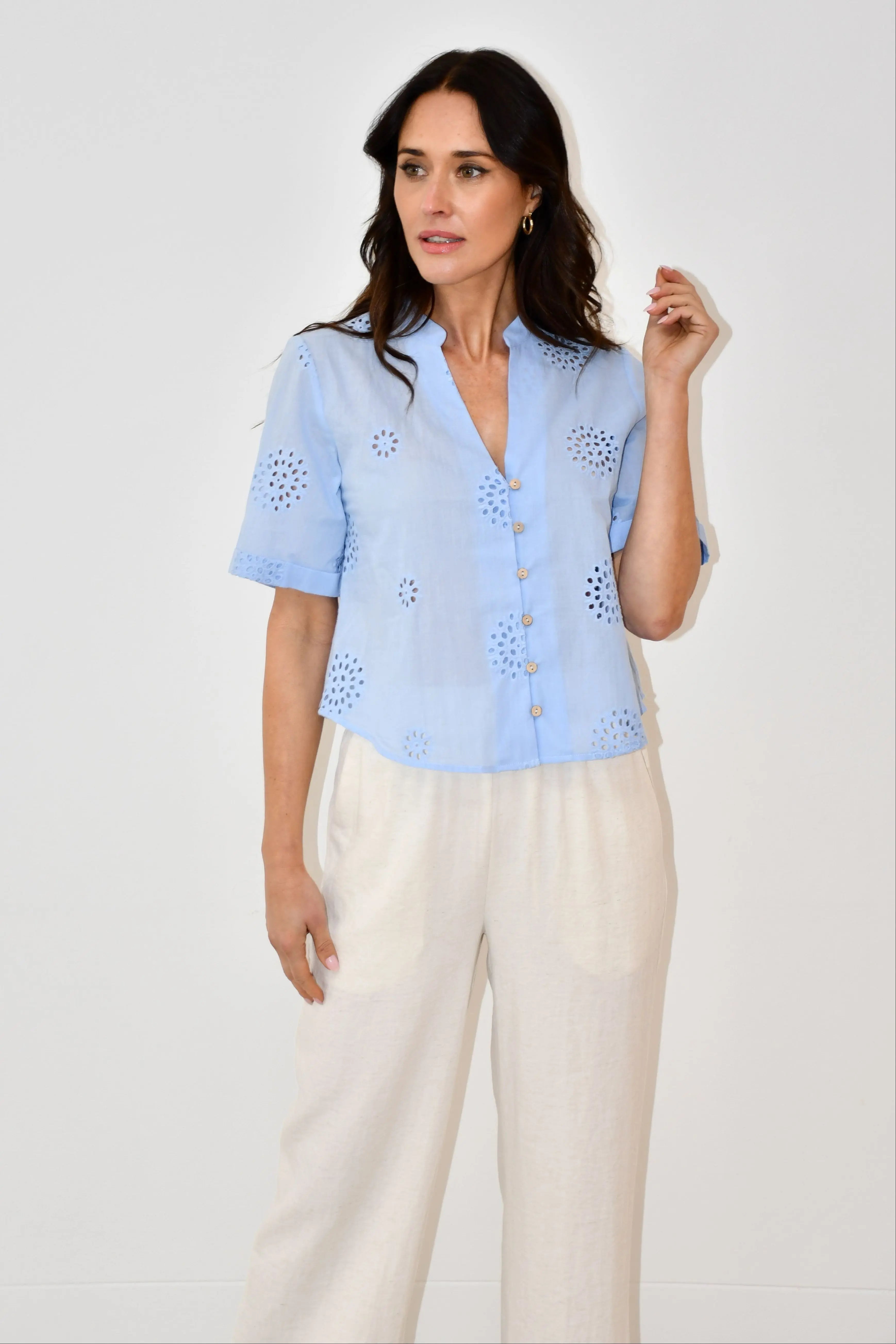 Sky Blue Embroidered Button-Down Top Jess The Molly