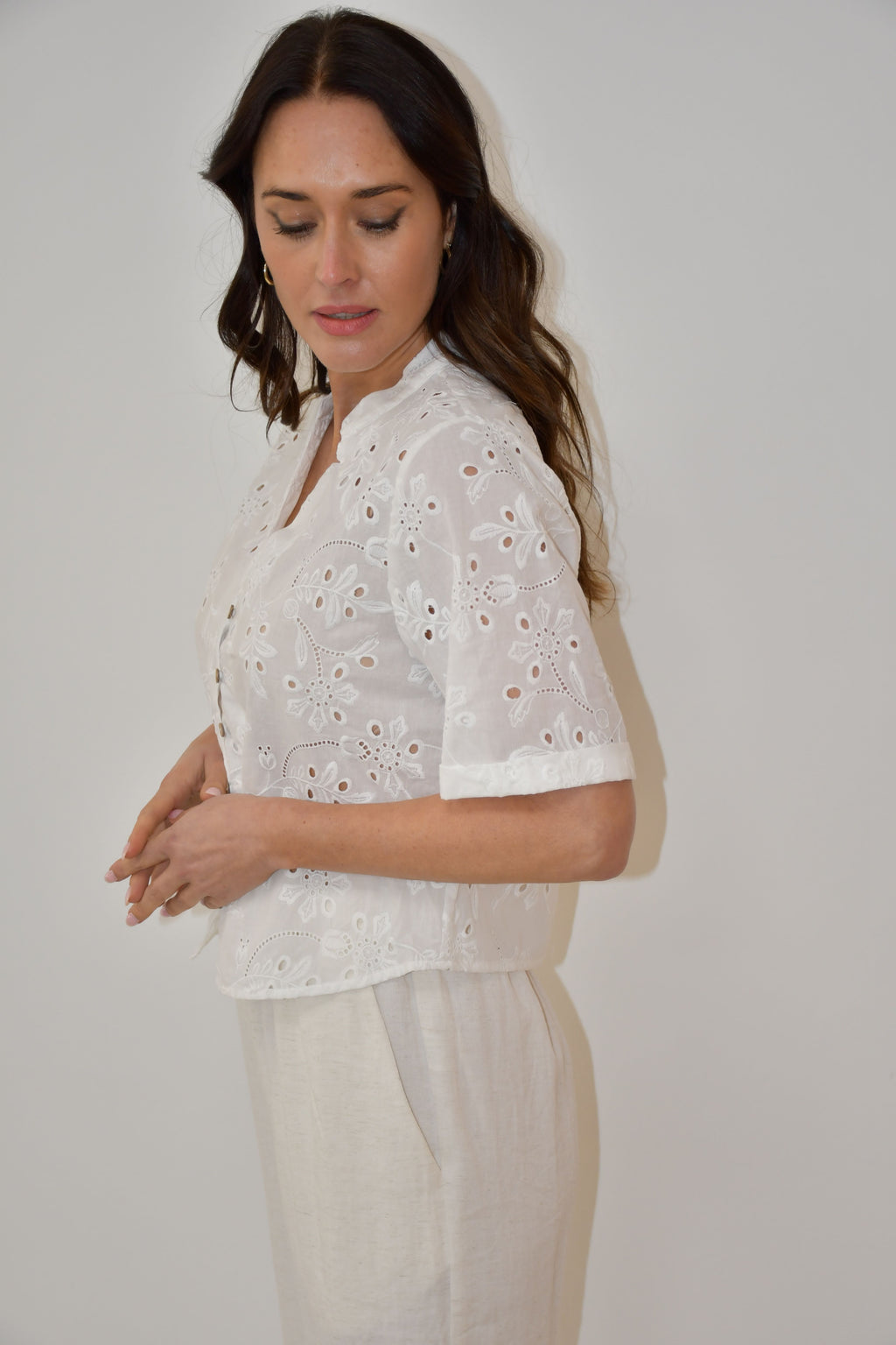 White Embroidered Button-Down Top
