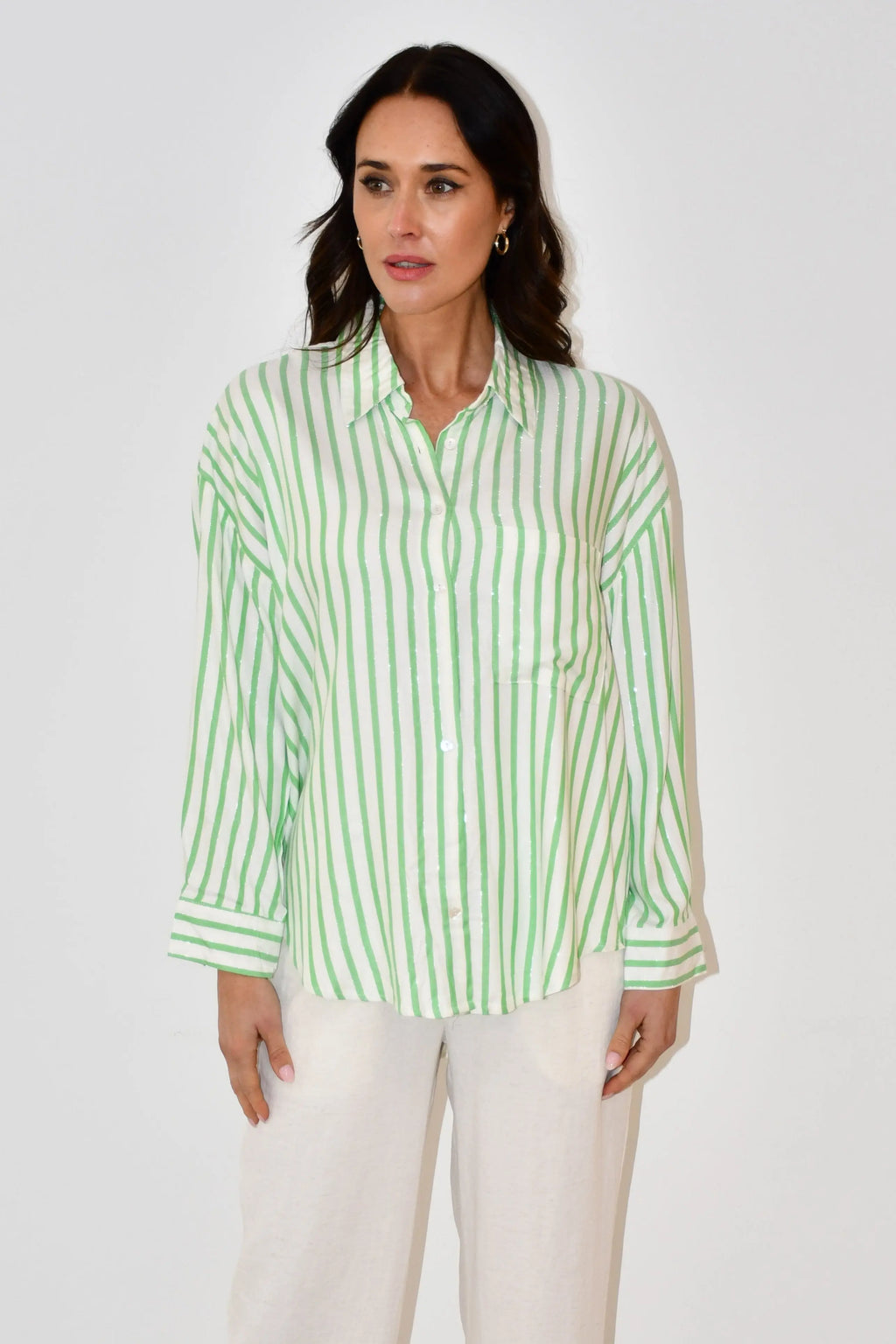 Stripe Button-Down Shirt - Green Jess The Molly