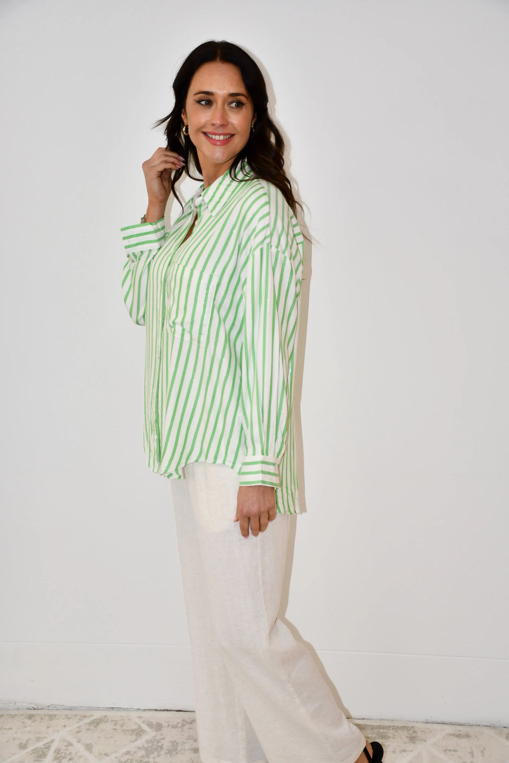 Stripe Button-Down Shirt - Green Jess The Molly