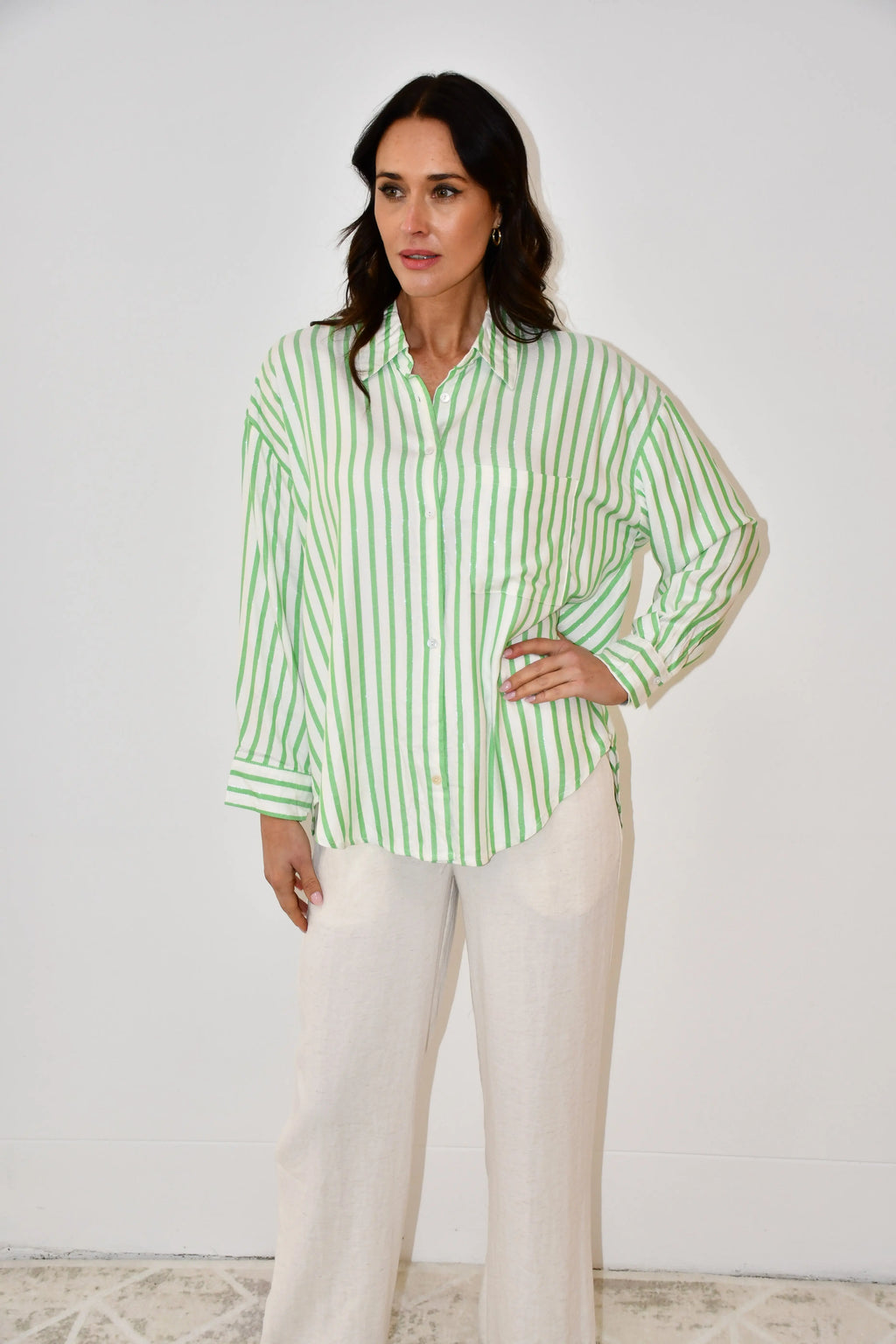 Stripe Button-Down Shirt - Green Jess The Molly