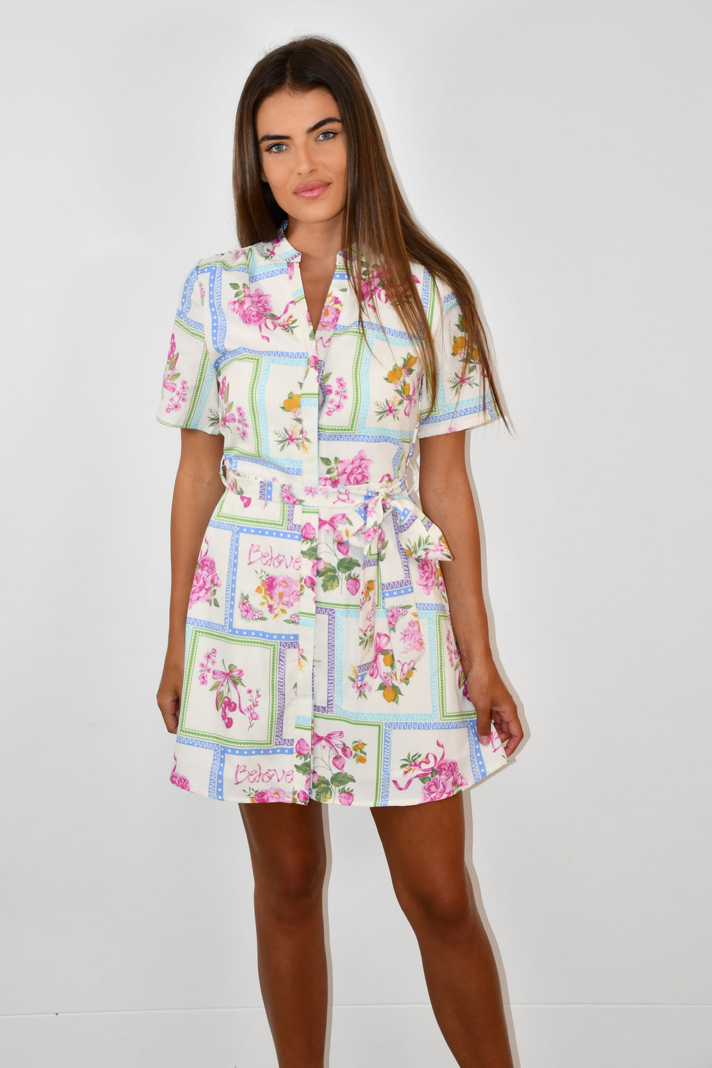Floral Patchwork Shirt Mini Dress Blue/white