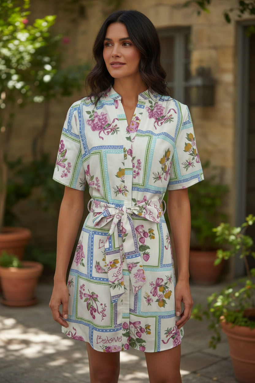 Floral Patchwork Shirt Mini Dress Blue/white
