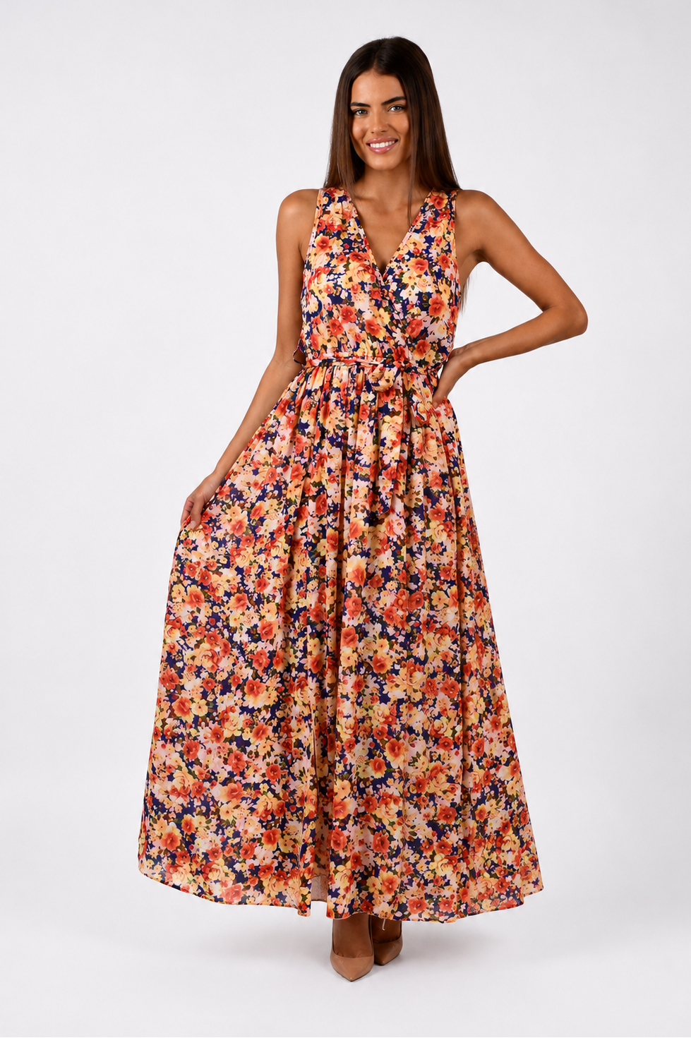 Multi Floral Sleeveless Wrap Maxi Dress