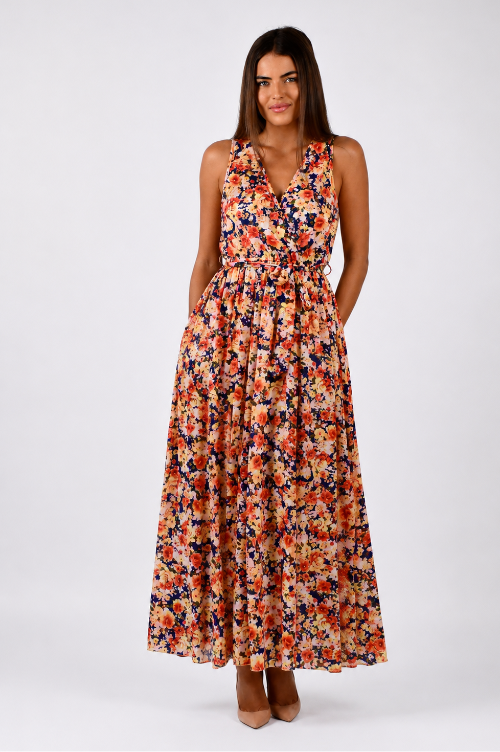 Multi Floral Sleeveless Wrap Maxi Dress