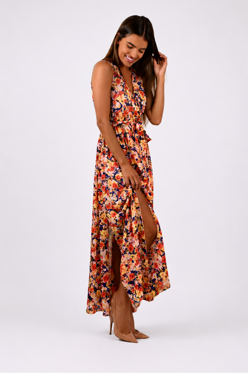 Multi Floral Sleeveless Wrap Maxi Dress